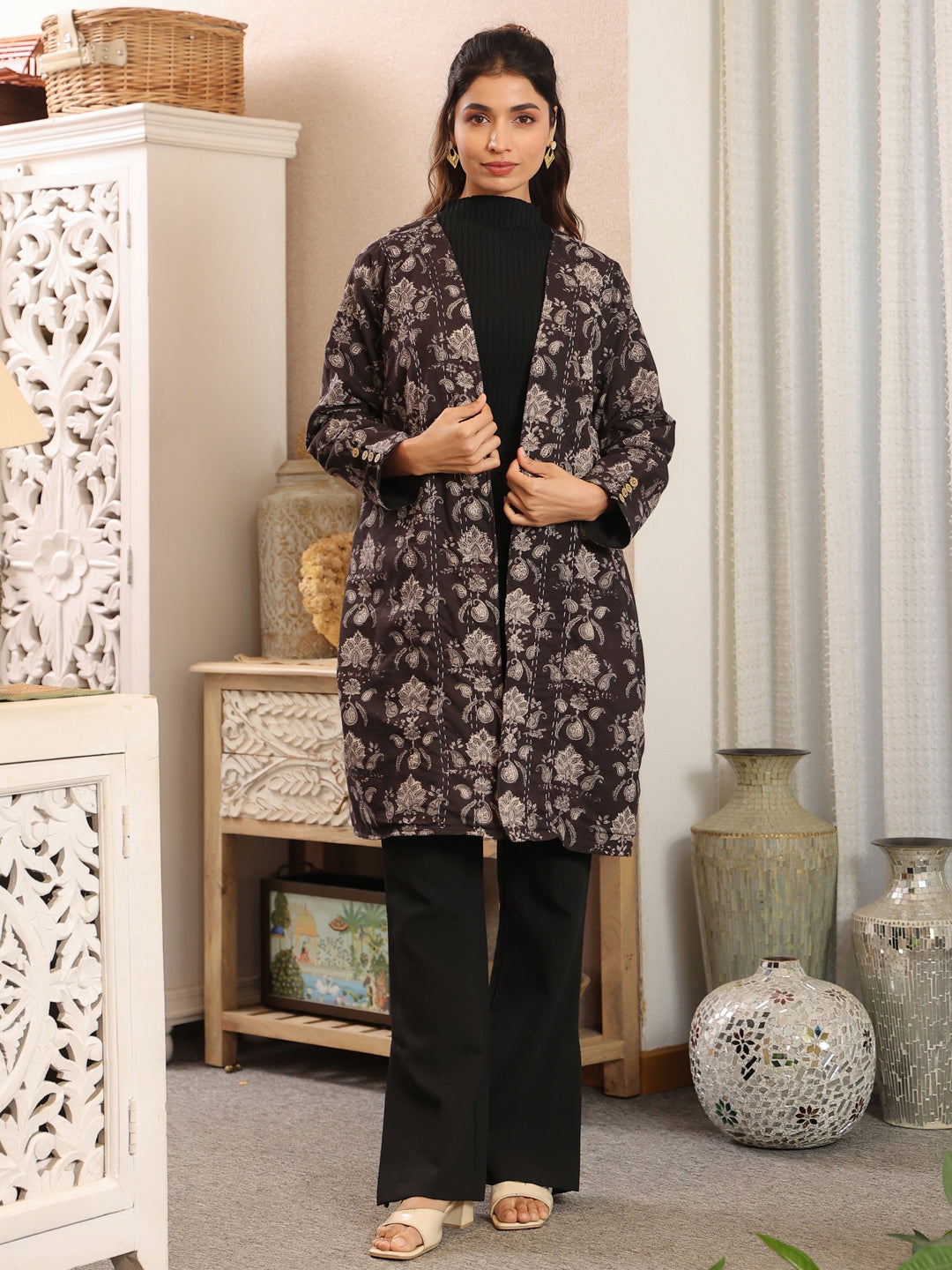 Midnight Meadow Handblock Printed Coat with Pockets