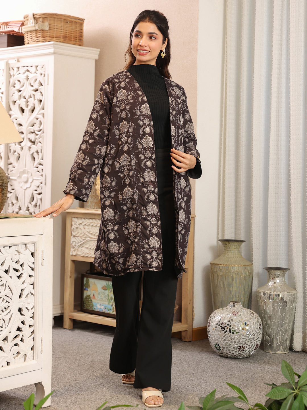 Midnight Meadow Handblock Printed Coat with Pockets