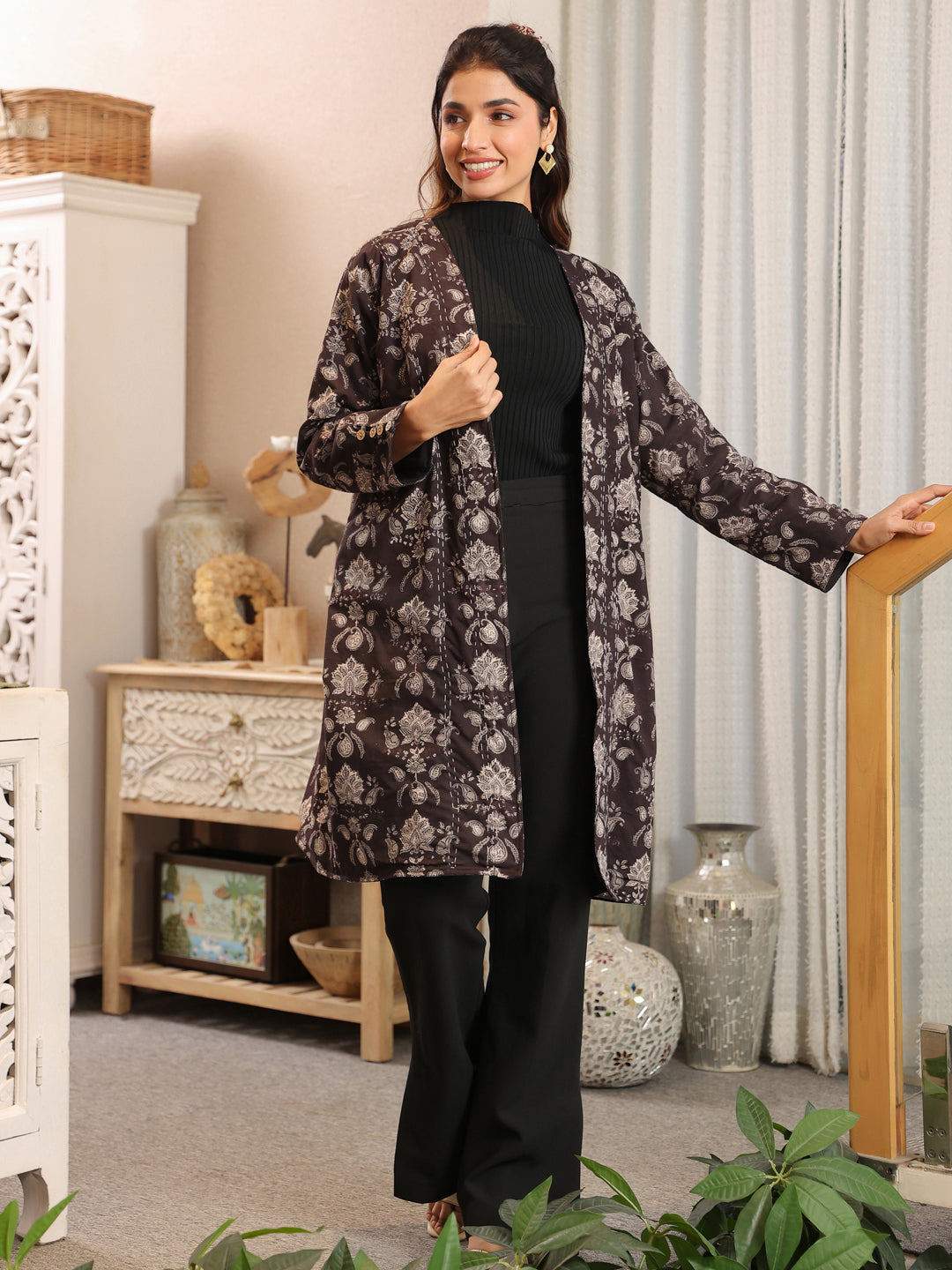 Midnight Meadow Handblock Printed Coat with Pockets