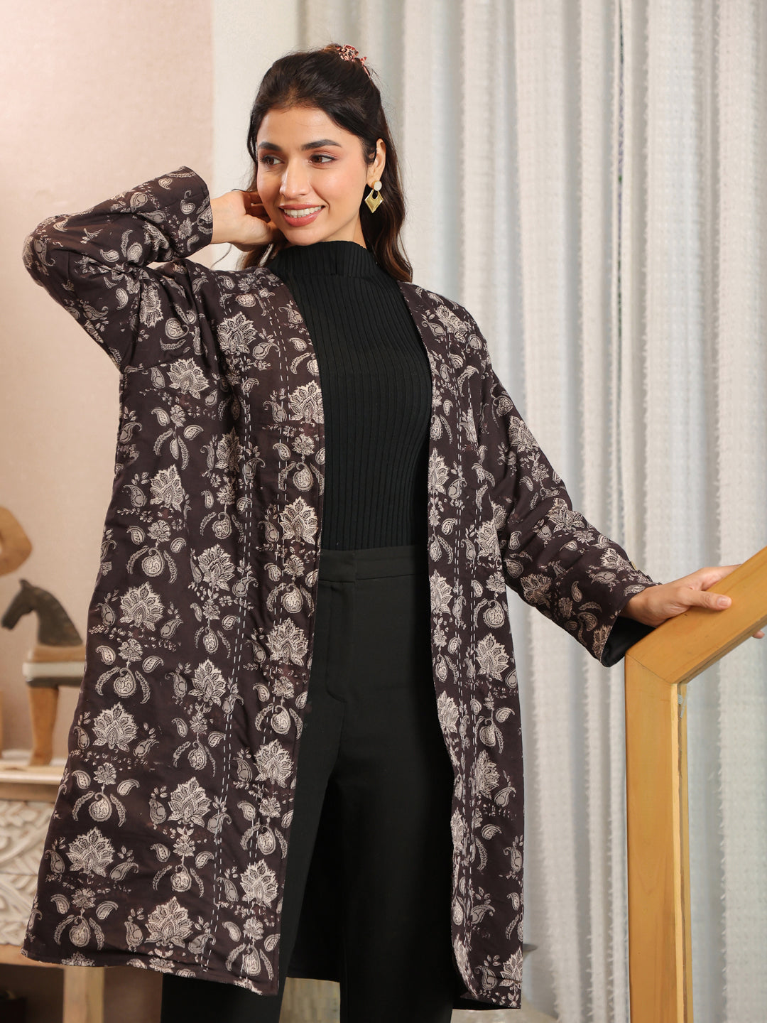 Midnight Meadow Handblock Printed Coat with Pockets