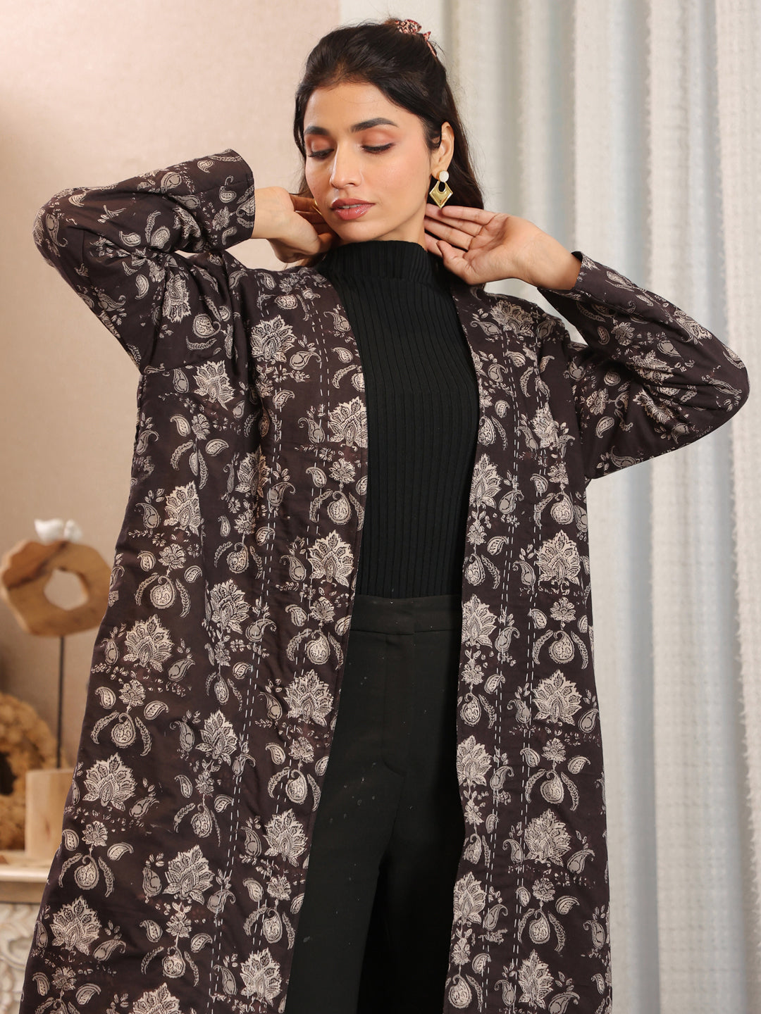 Midnight Meadow Handblock Printed Coat with Pockets