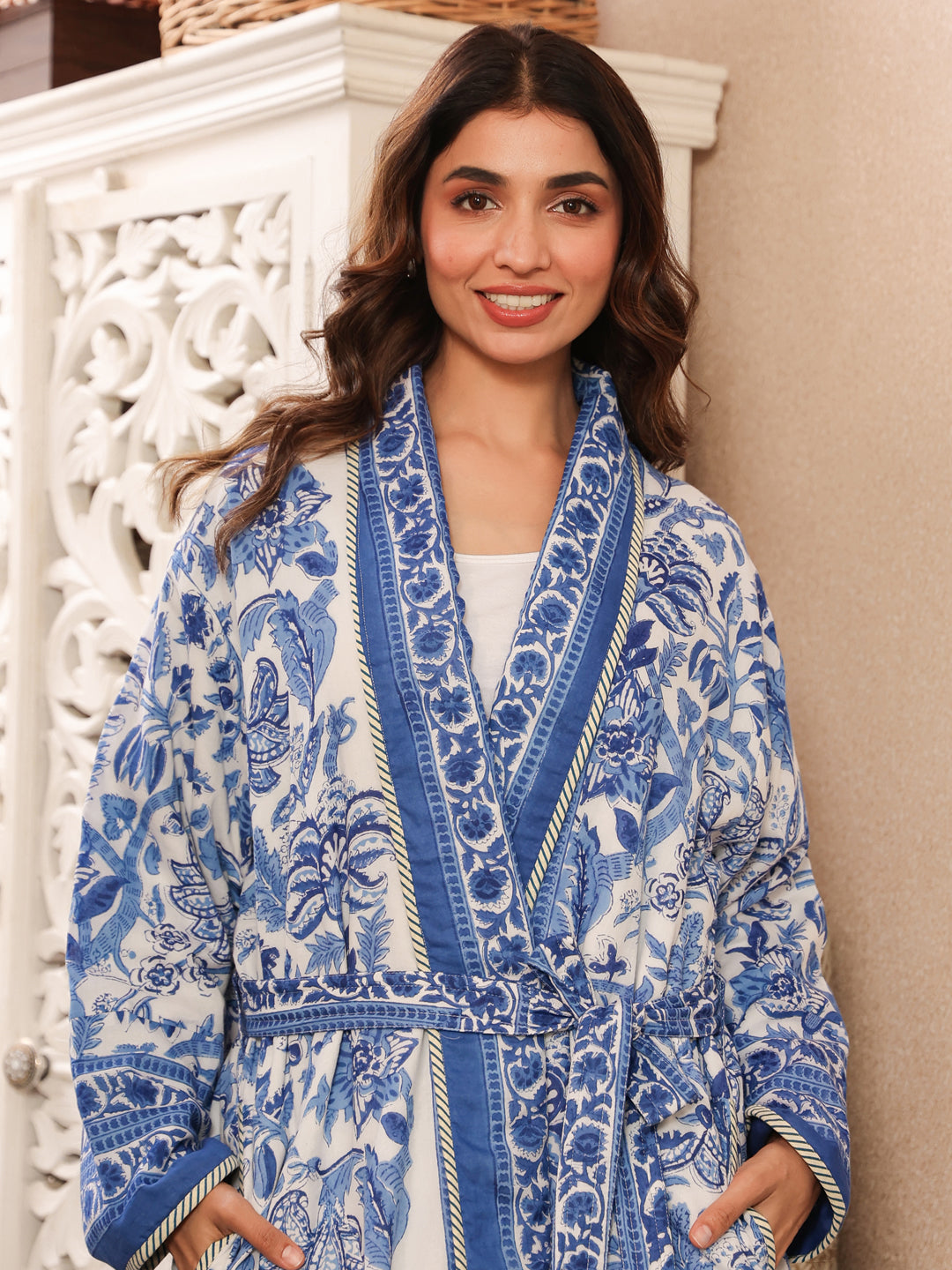 Blue Robe Dress Buy Elegant Blue Floral Print Robes Online in USA | Jaipur Morni USA