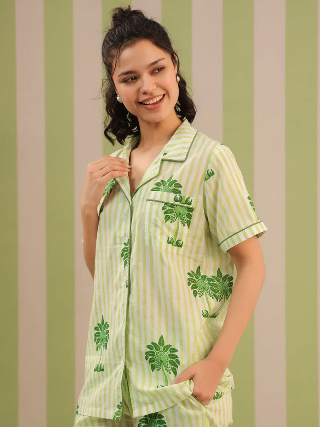 Green Palm Printed Short Lounge Set