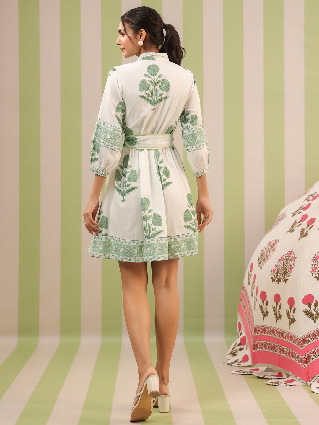 White & Green Mughal Motif Tiered Cotton Dress with Lining