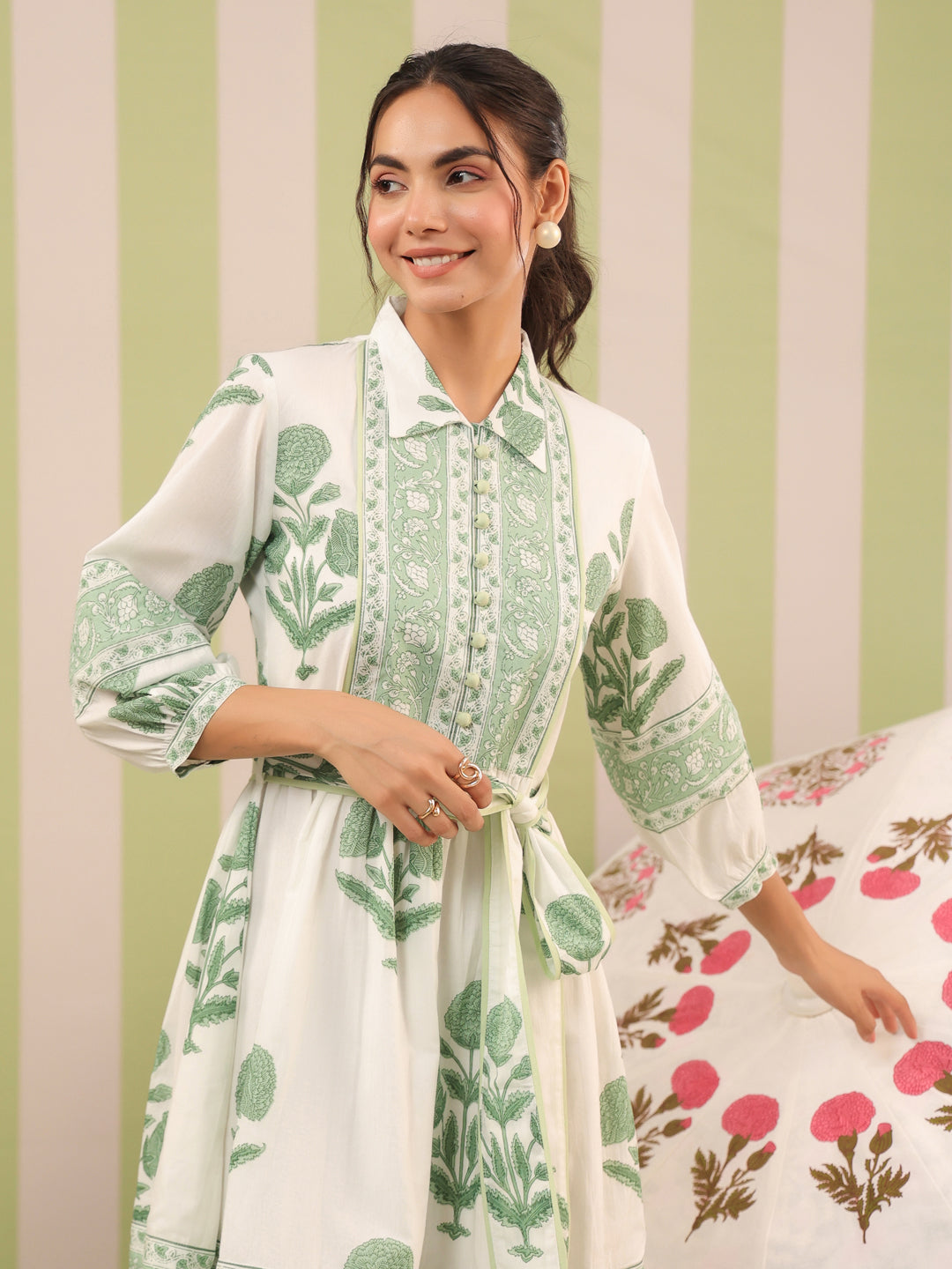 White & Green Mughal Motif Tiered Cotton Dress with Lining