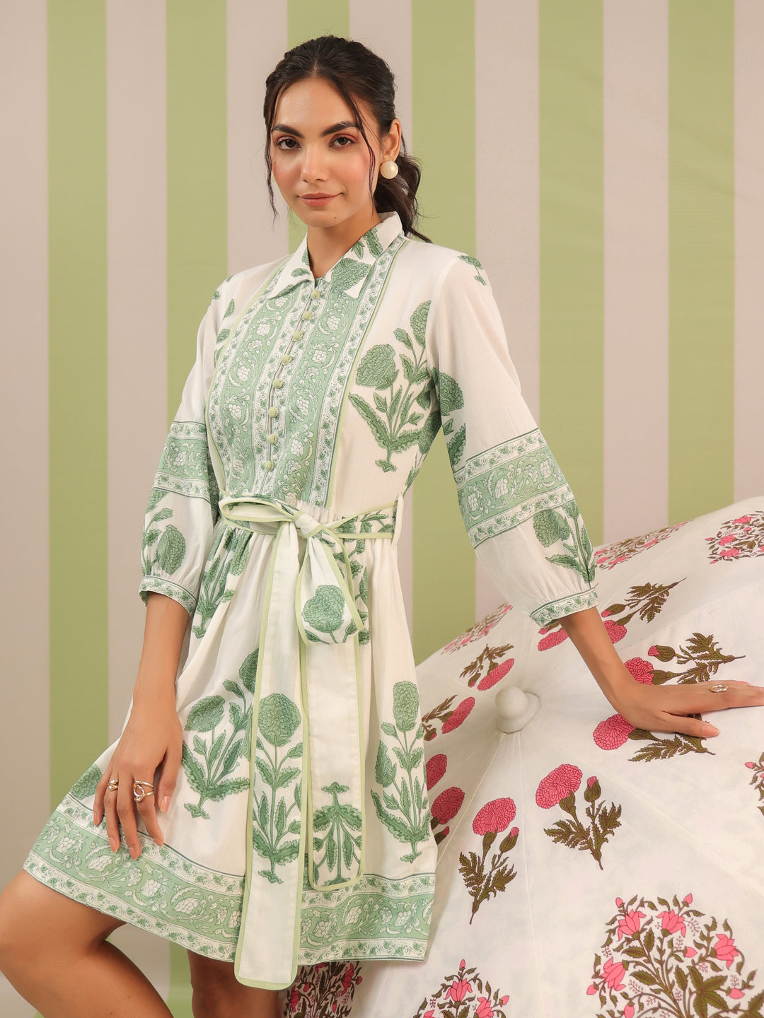 White & Green Mughal Motif Tiered Cotton Dress with Lining