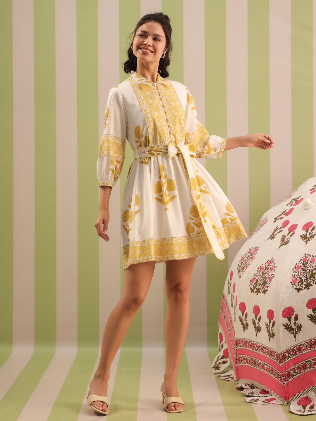 White & Yellow Mughal Motif Tiered Cotton Dress with Lining