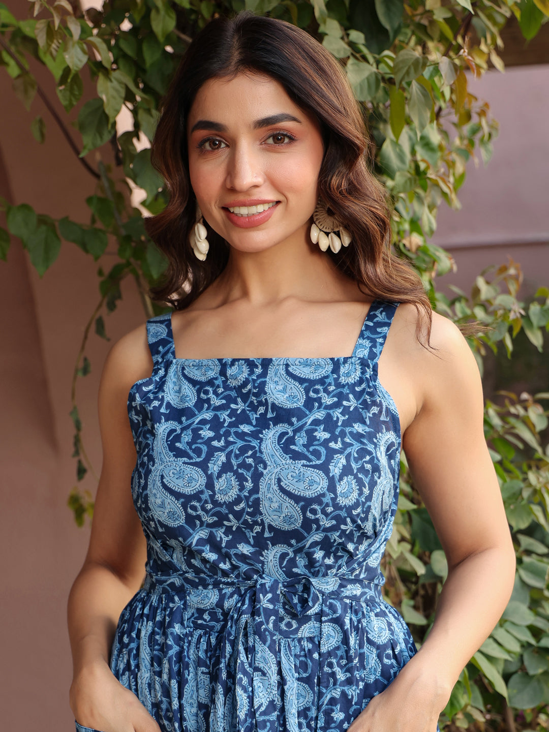 Blue Paisley Printed Sleeveless Cotton Wrap Dress