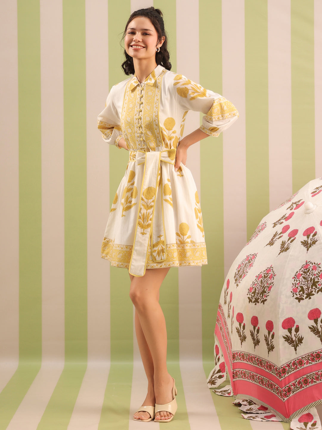 White & Yellow Mughal Motif Tiered Cotton Dress with Lining
