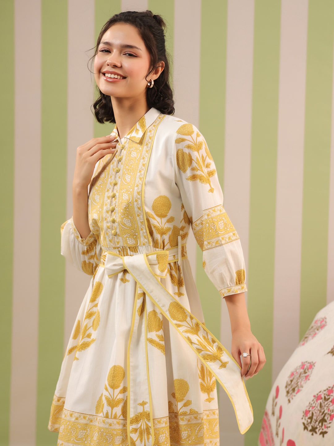 White & Yellow Mughal Motif Tiered Cotton Dress with Lining