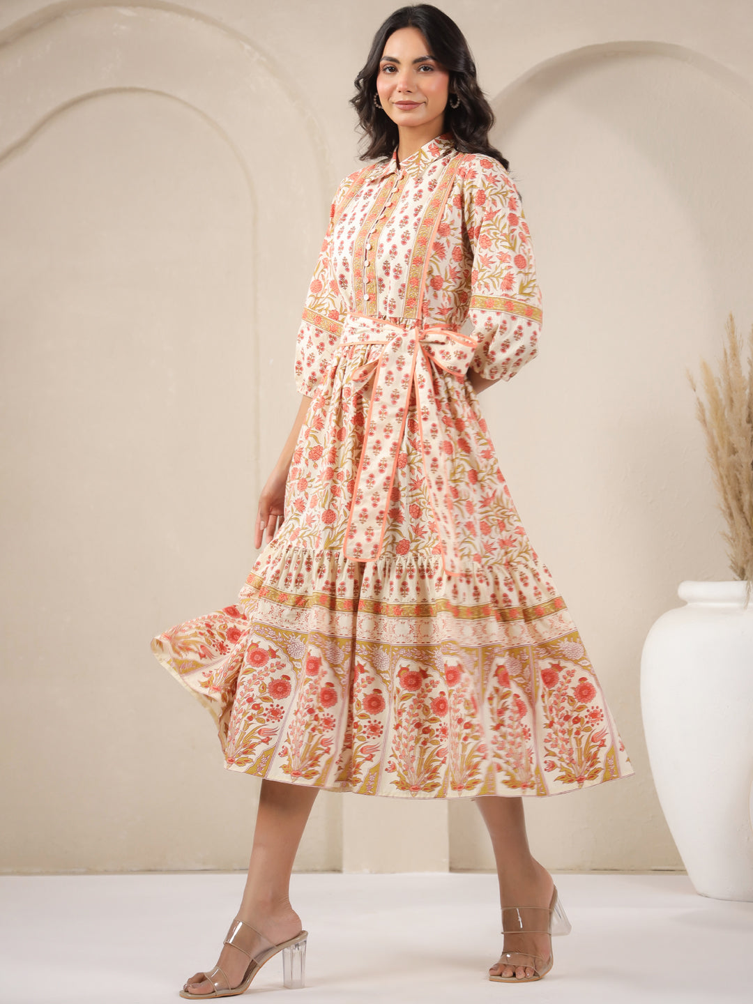 White and Peach Printed Cotton Tier Dress