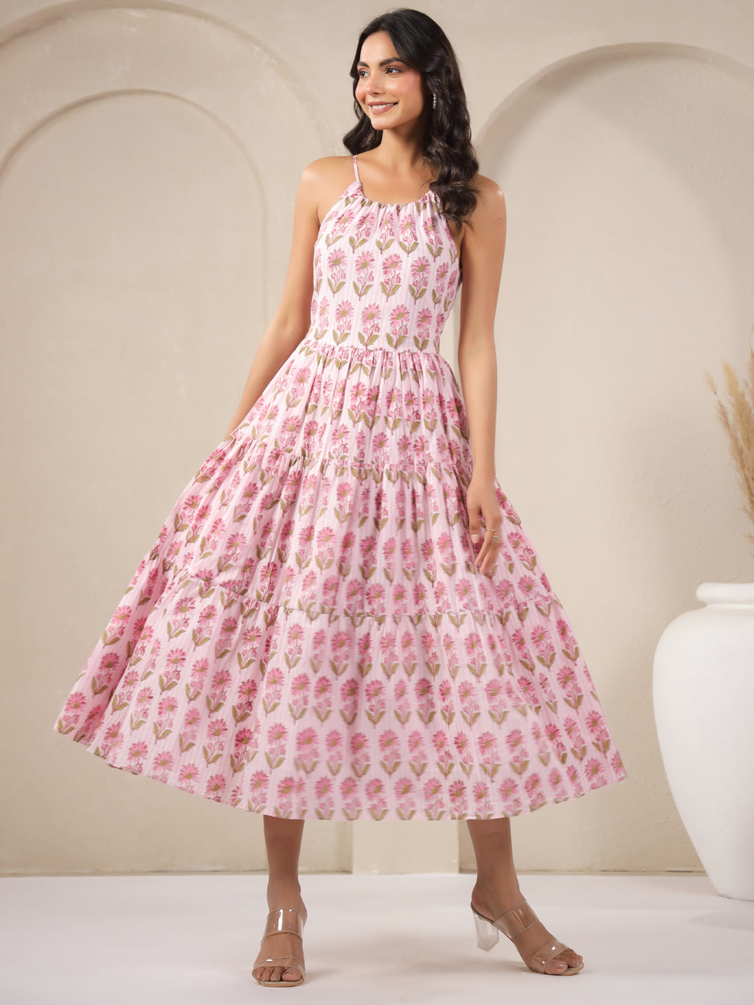 Pink Stripes Handblock Printed Cotton Maxi Dress