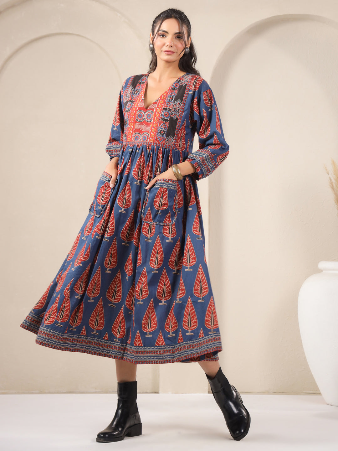Blue Printed Cotton V-Neck Dress
