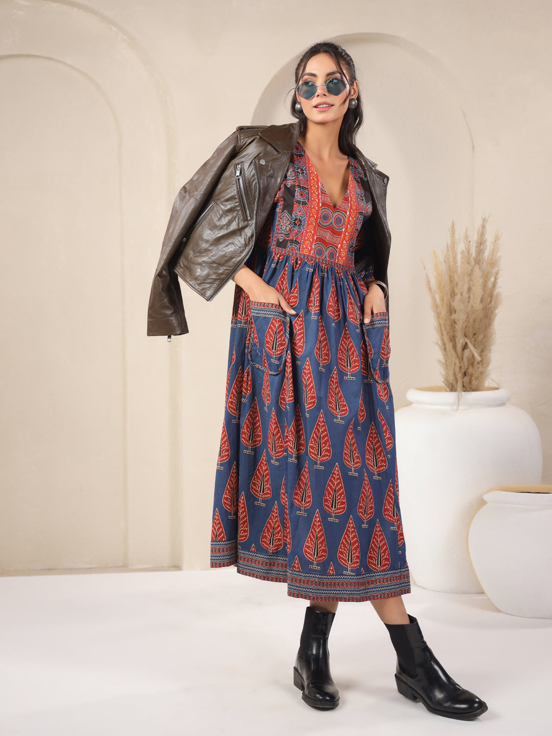 Blue Printed Cotton V-Neck Dress