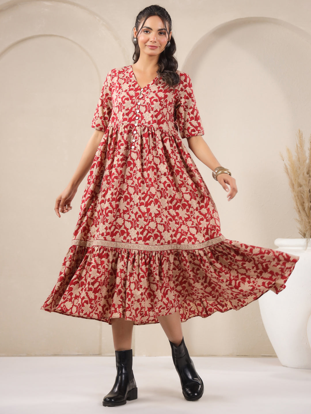Red V-Neck Printed Cotton Dress