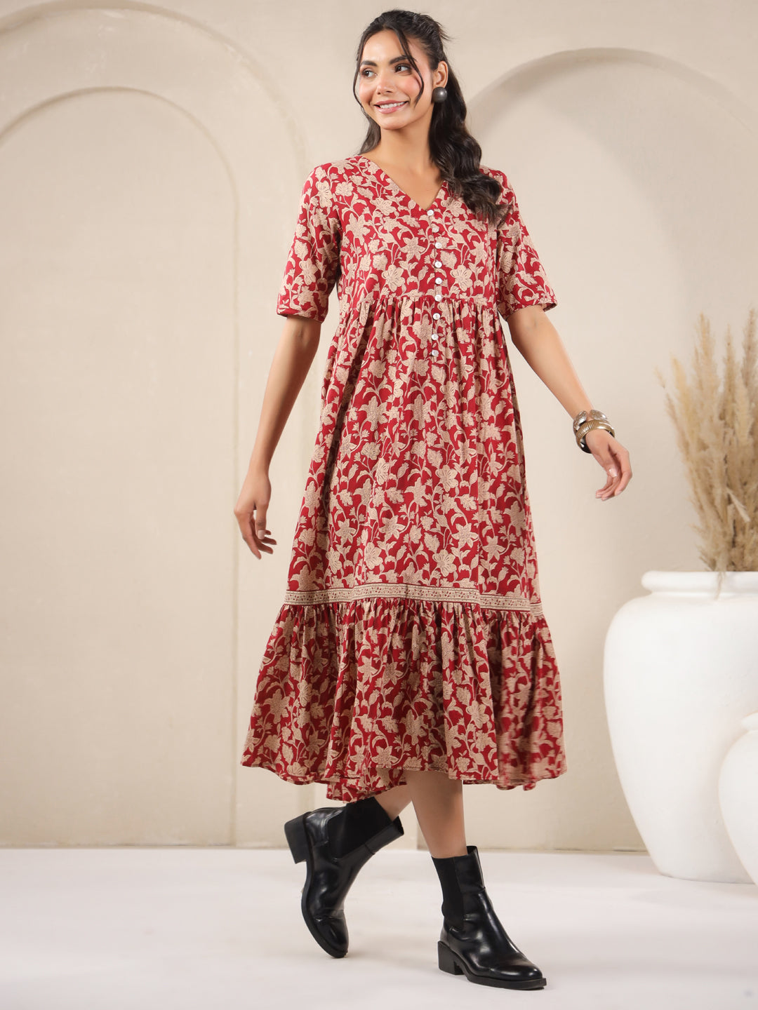 Red V-Neck Printed Cotton Dress