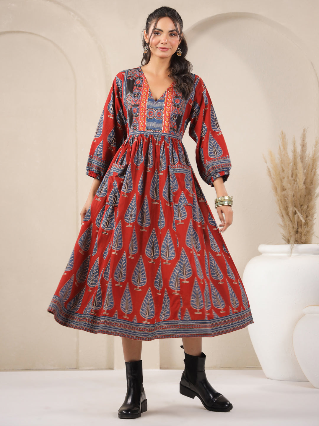 Red Printed Cotton V-Neck Dress