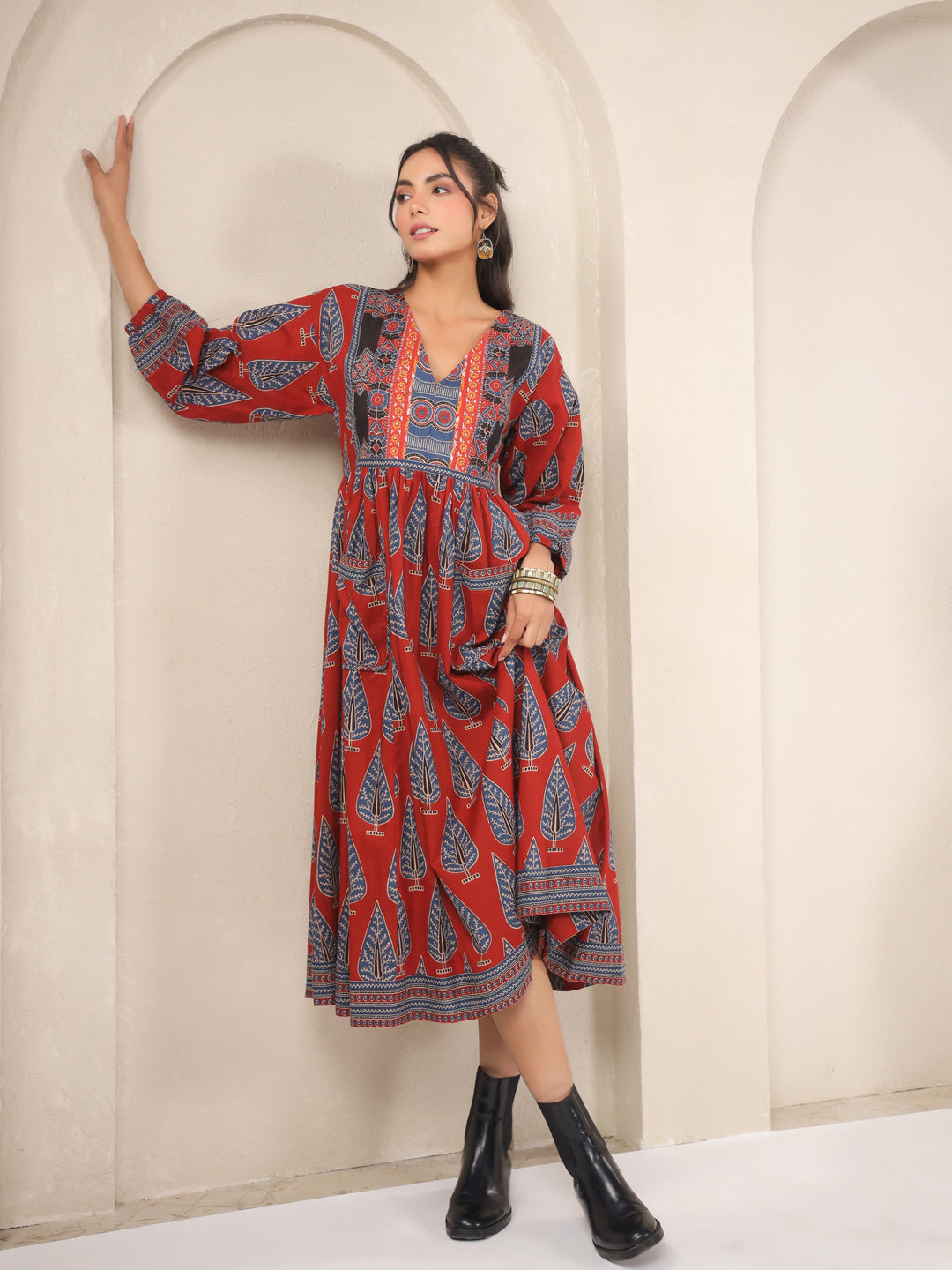 Red Printed Cotton V-Neck Dress
