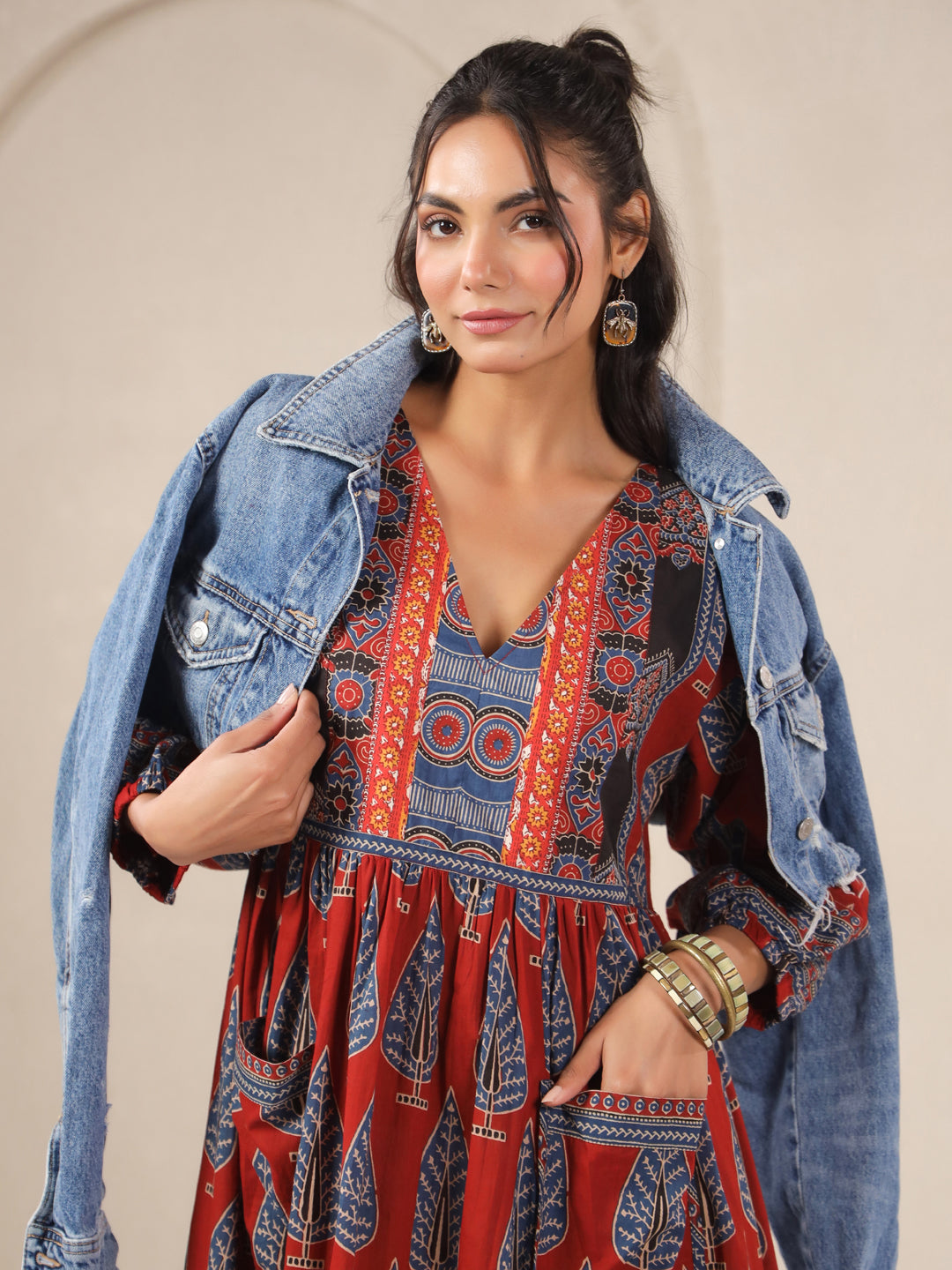Red Printed Cotton V-Neck Dress