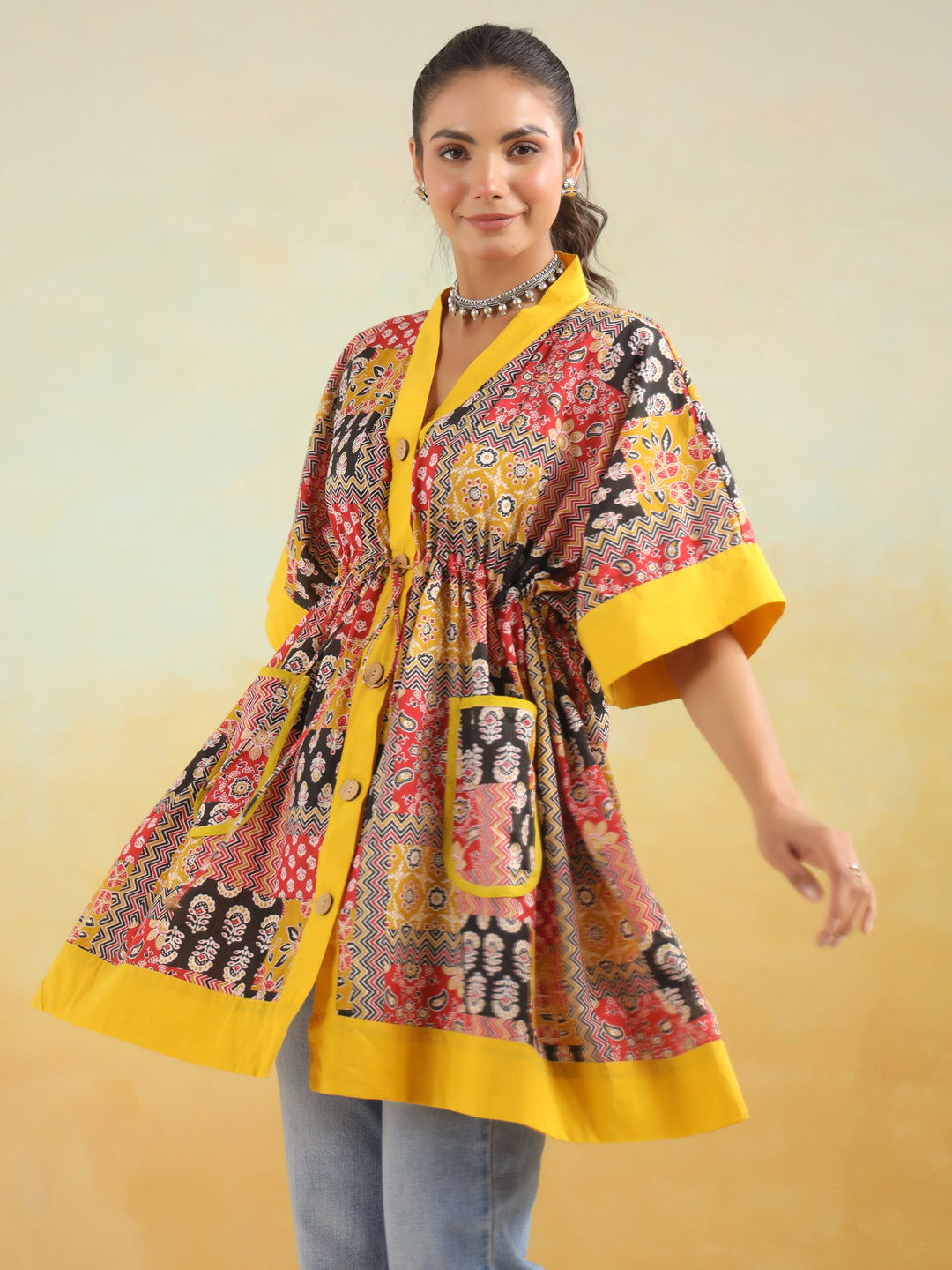 Red & Yellow Patchwork Printed One Size Kaftan Top