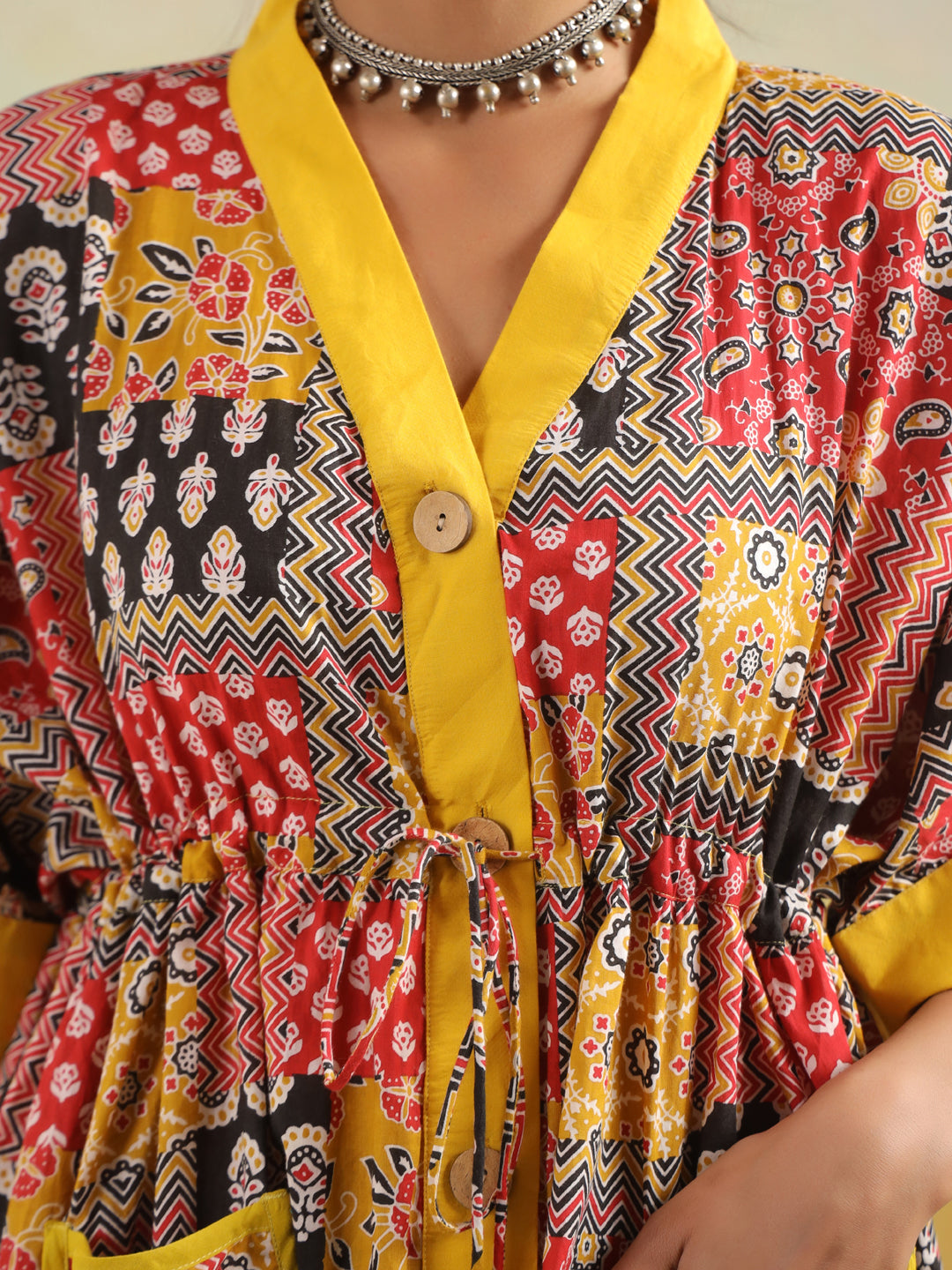 Red & Yellow Patchwork Printed One Size Kaftan Top
