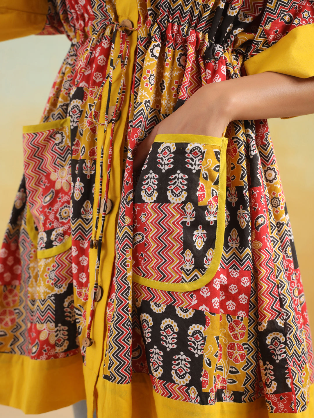 Red & Yellow Patchwork Printed One Size Kaftan Top