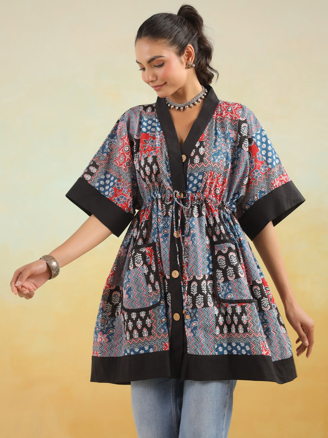 Indigo Patchwork Printed One Size Kaftan Top
