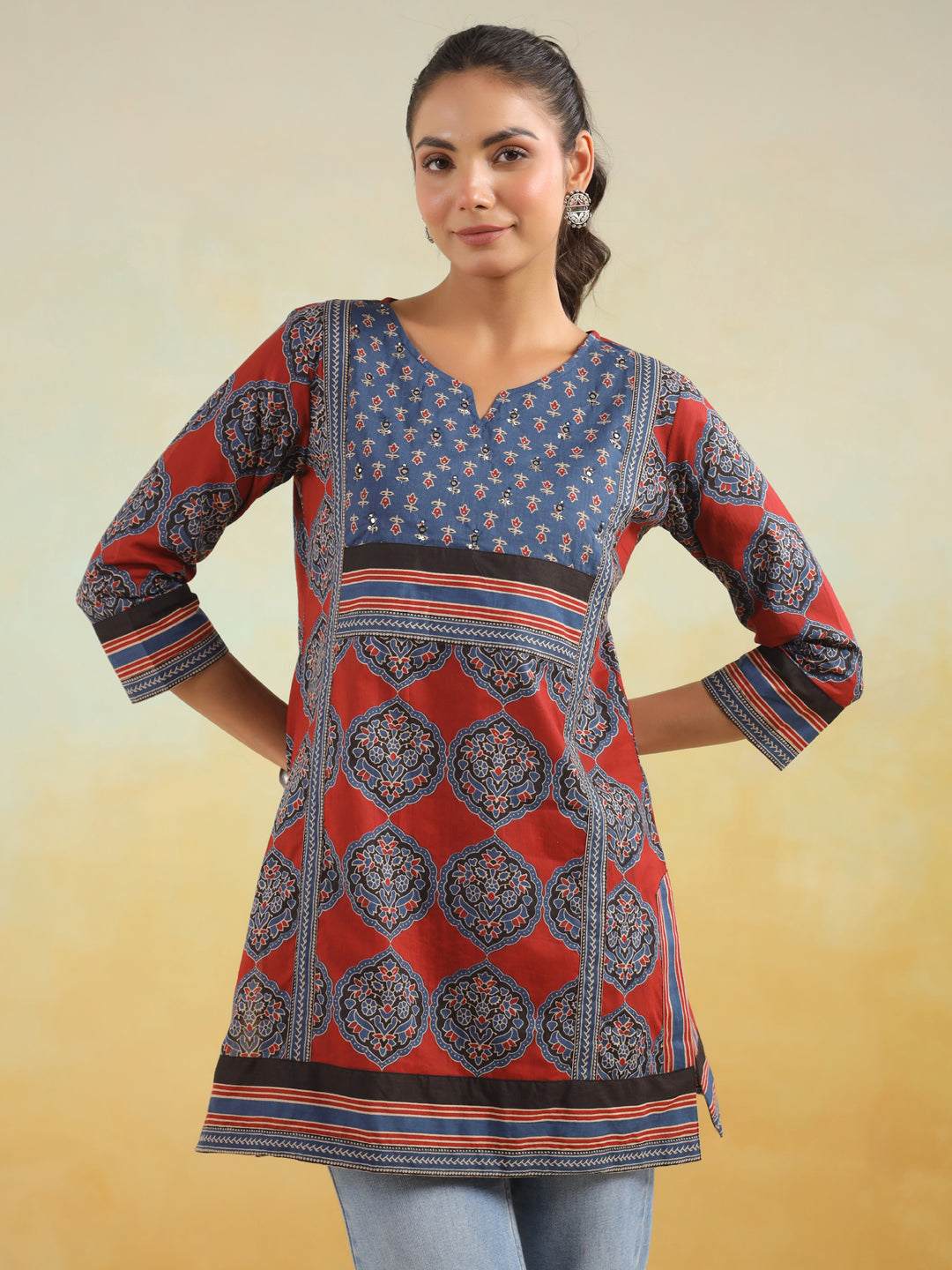 Red Printed Kurti with Side Slits