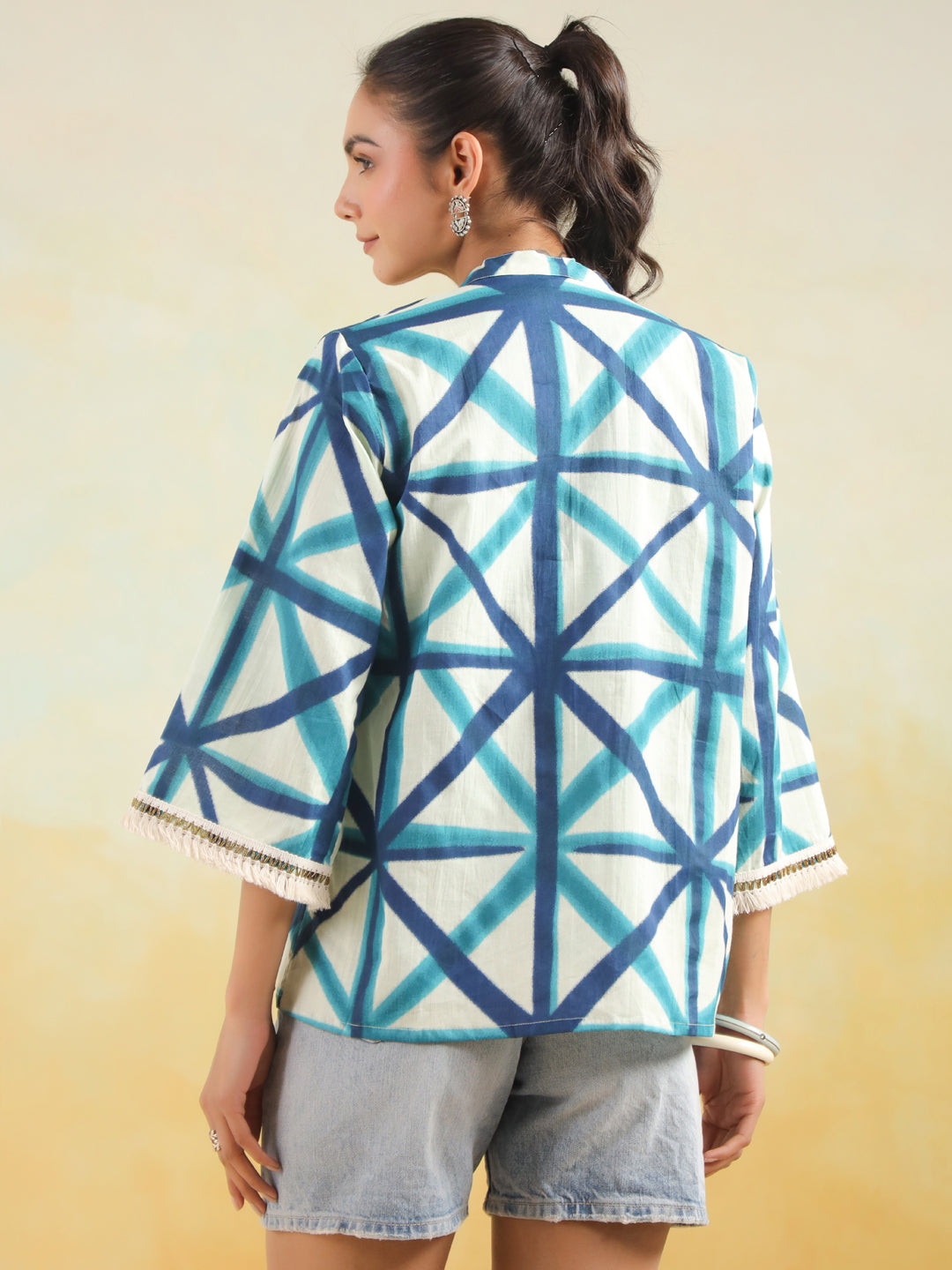 Cream Printed Blouse and Kimono Set