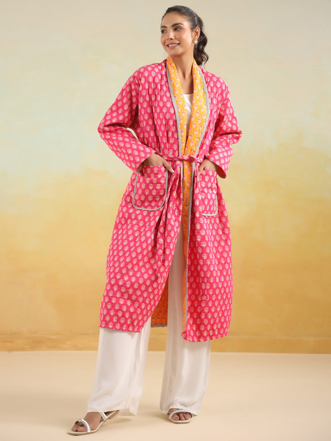 Pink & Yellow Reversible Quilted Cotton Robe