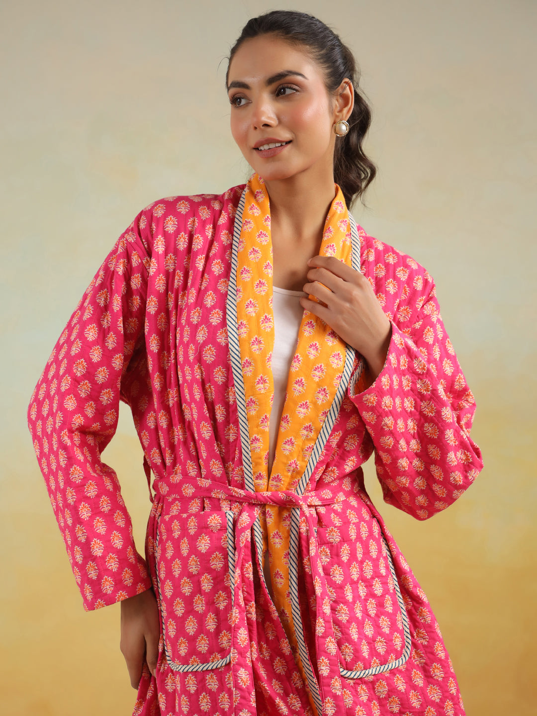 Pink & Yellow Reversible Quilted Cotton Robe