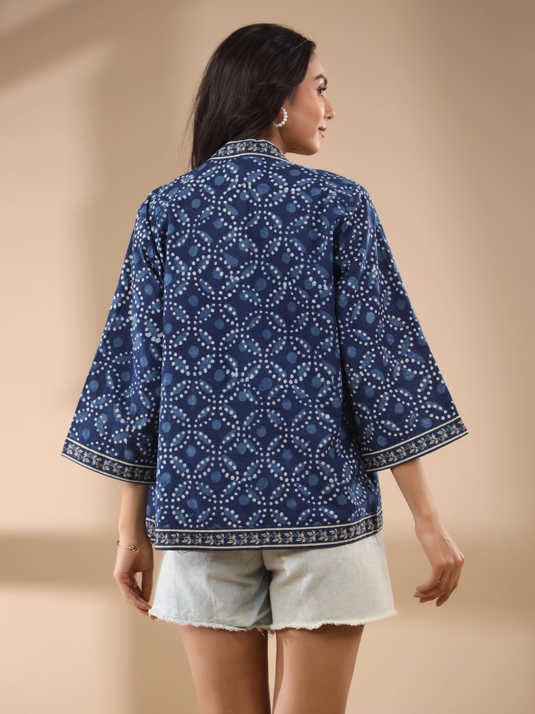 Indigo Cotton Printed Blouse and Kimono Set
