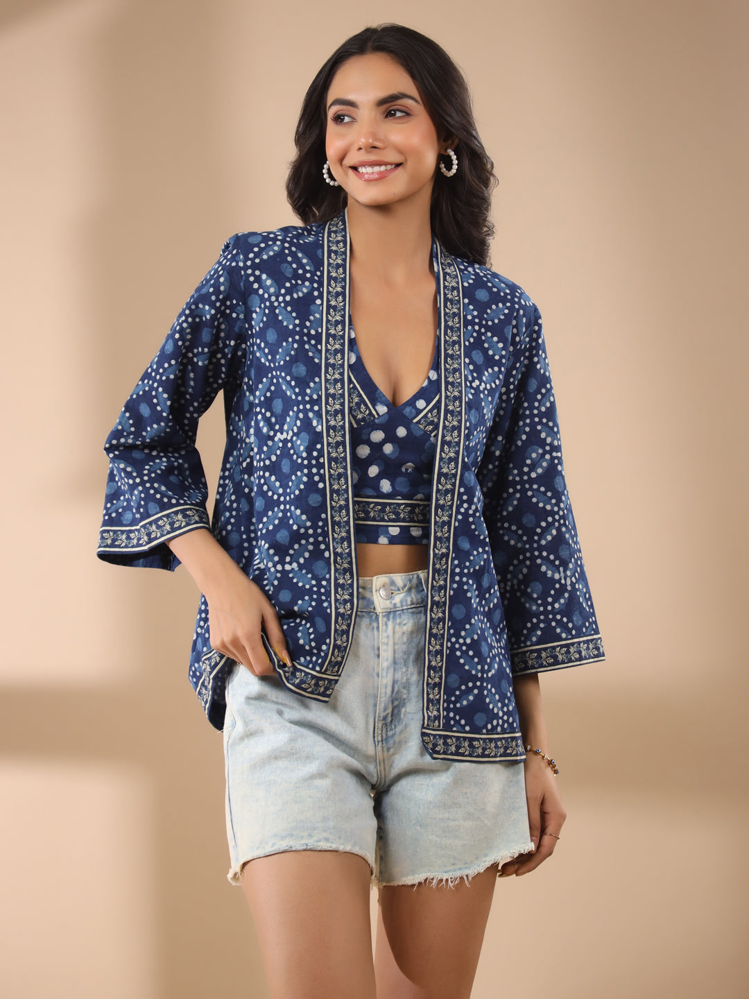 Indigo Cotton Printed Blouse and Kimono Set