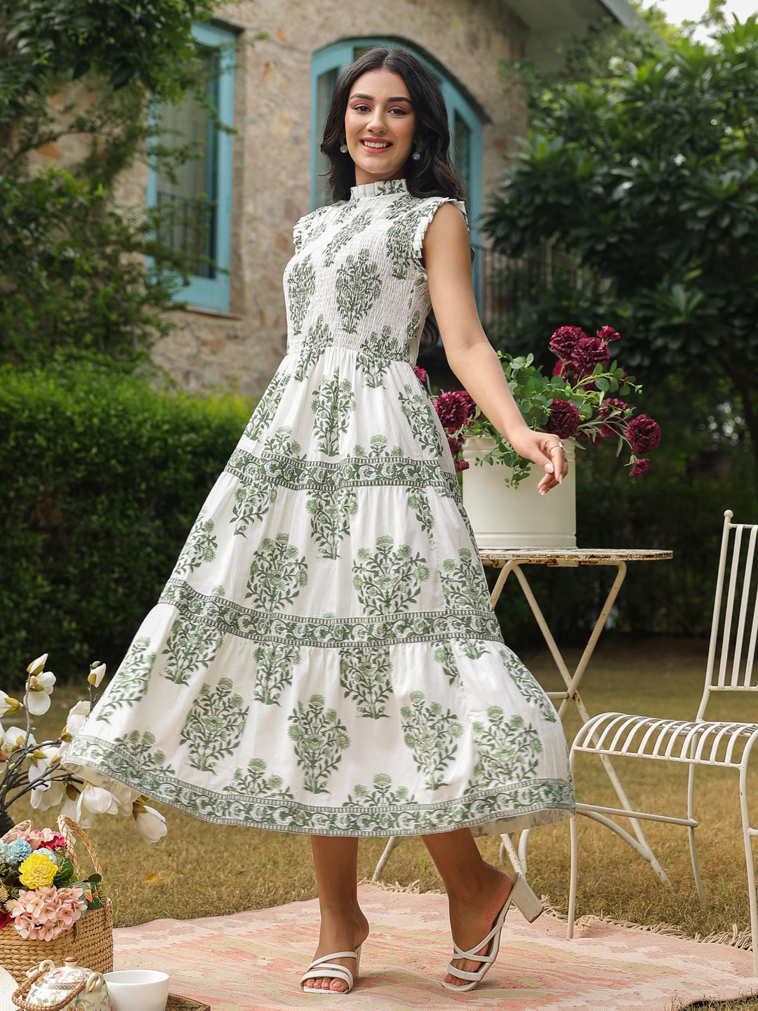 Sleeveless Cotton Printed Dress with Mughal Motifs &amp; Smocking Yoke