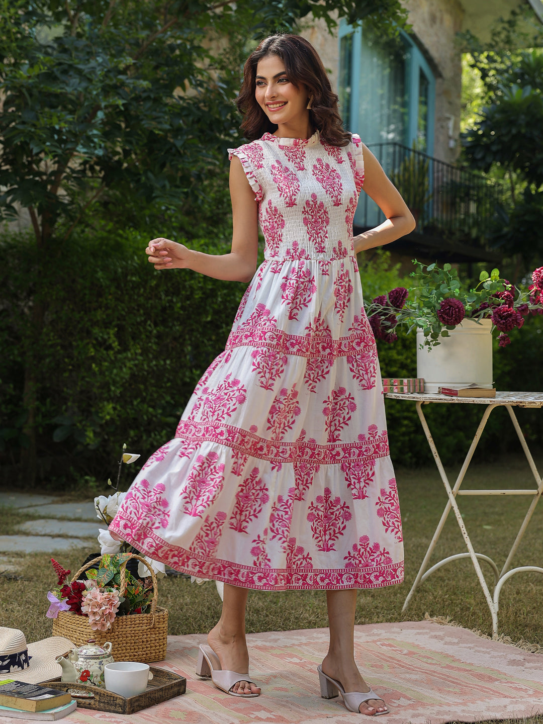 Sleeveless Cotton Printed Dress with Mughal Motifs & Smocking Yoke