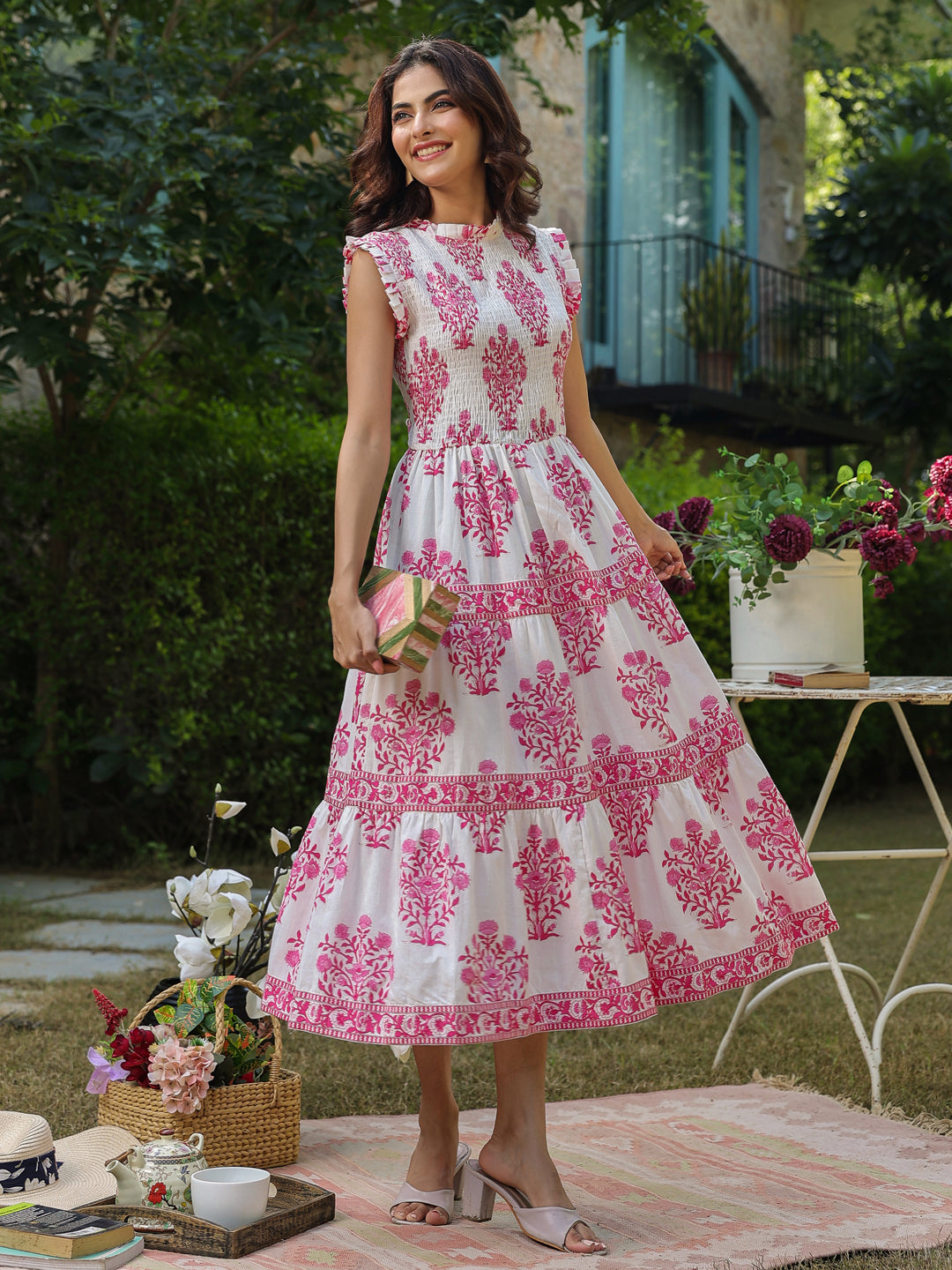 Sleeveless Cotton Printed Dress with Mughal Motifs & Smocking Yoke