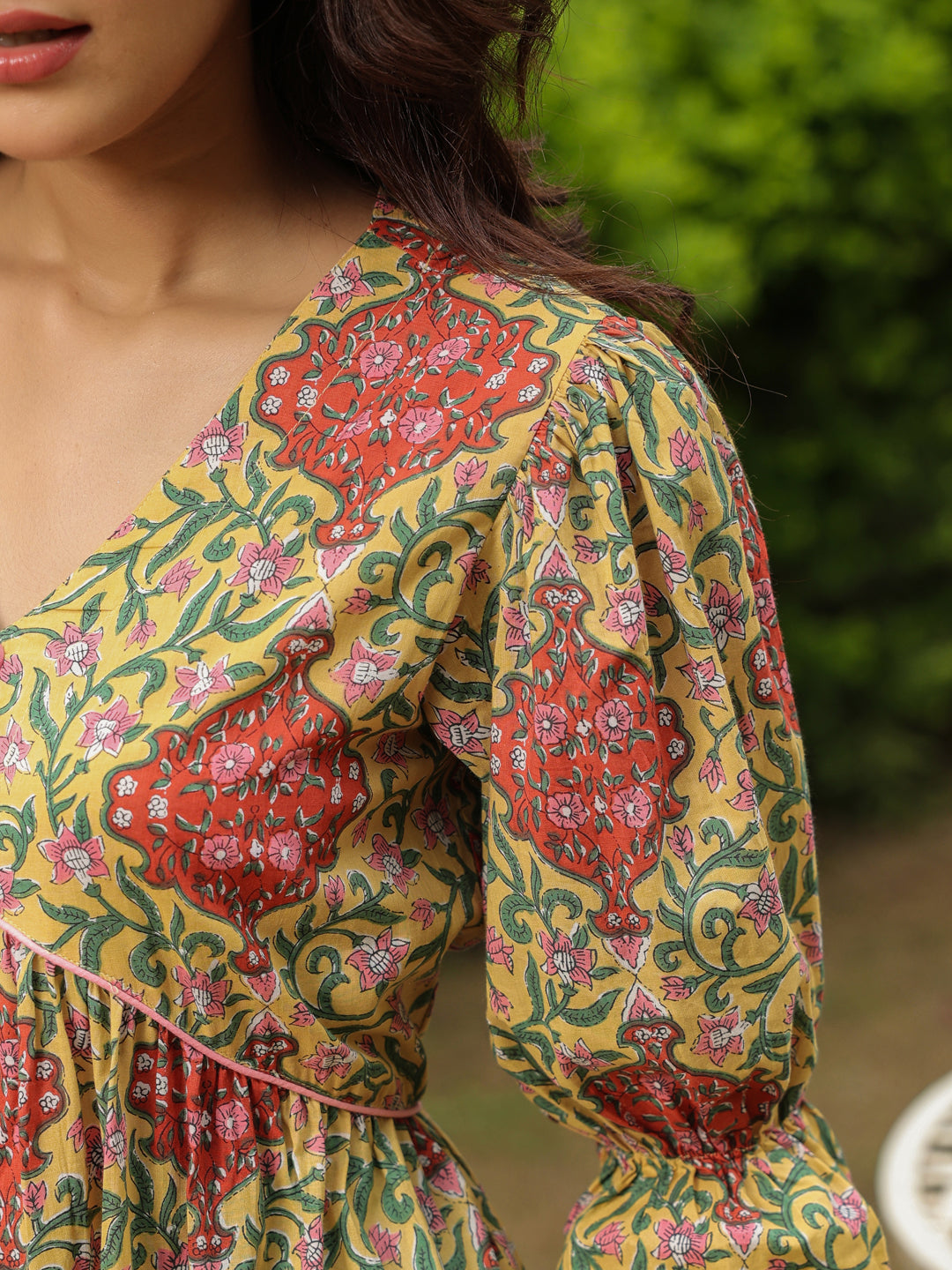 Yellow Printed Midi Dress with V-Neck and Smocking Sleeves