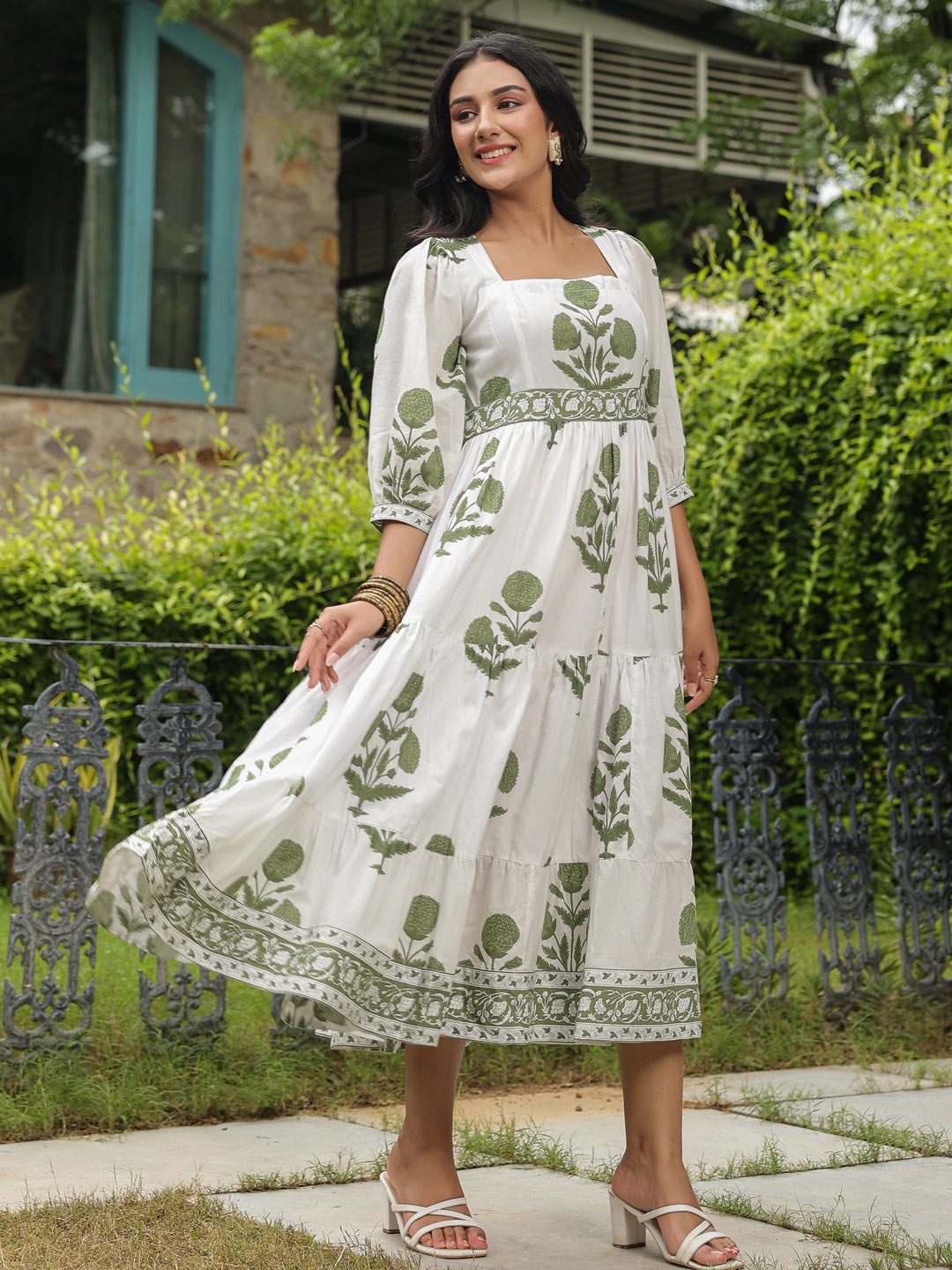 Printed Mughal Boota Dress with Sweetie Pie Neckline