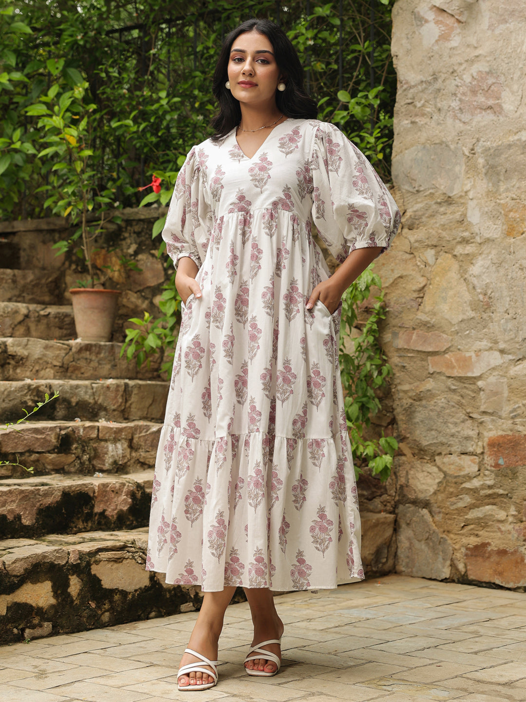 White Printed Cotton Maxi Dress with Three-Quarter Elasticated Sleeves