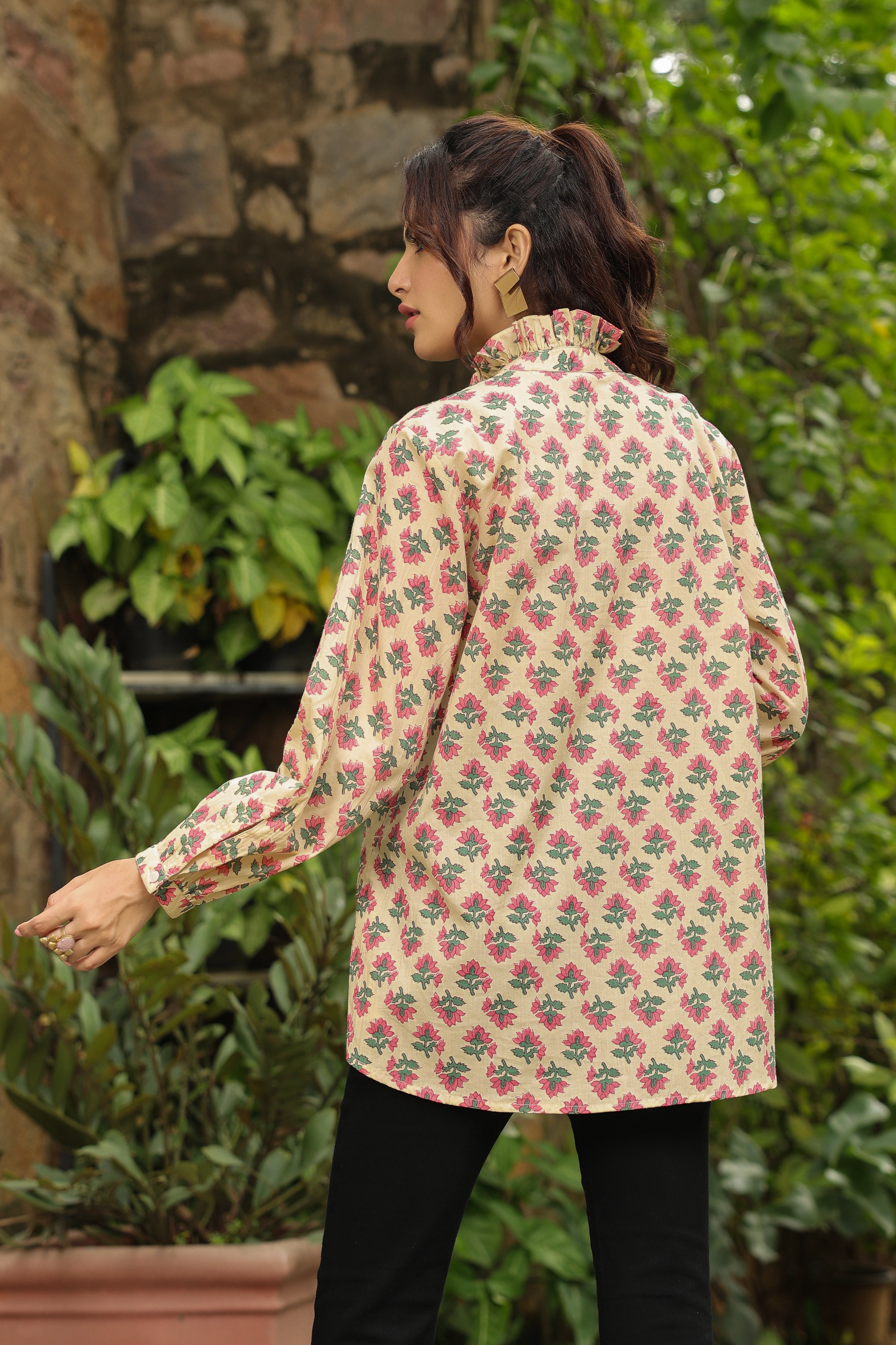 Cream Printed Peasant Shirt with Frill Details