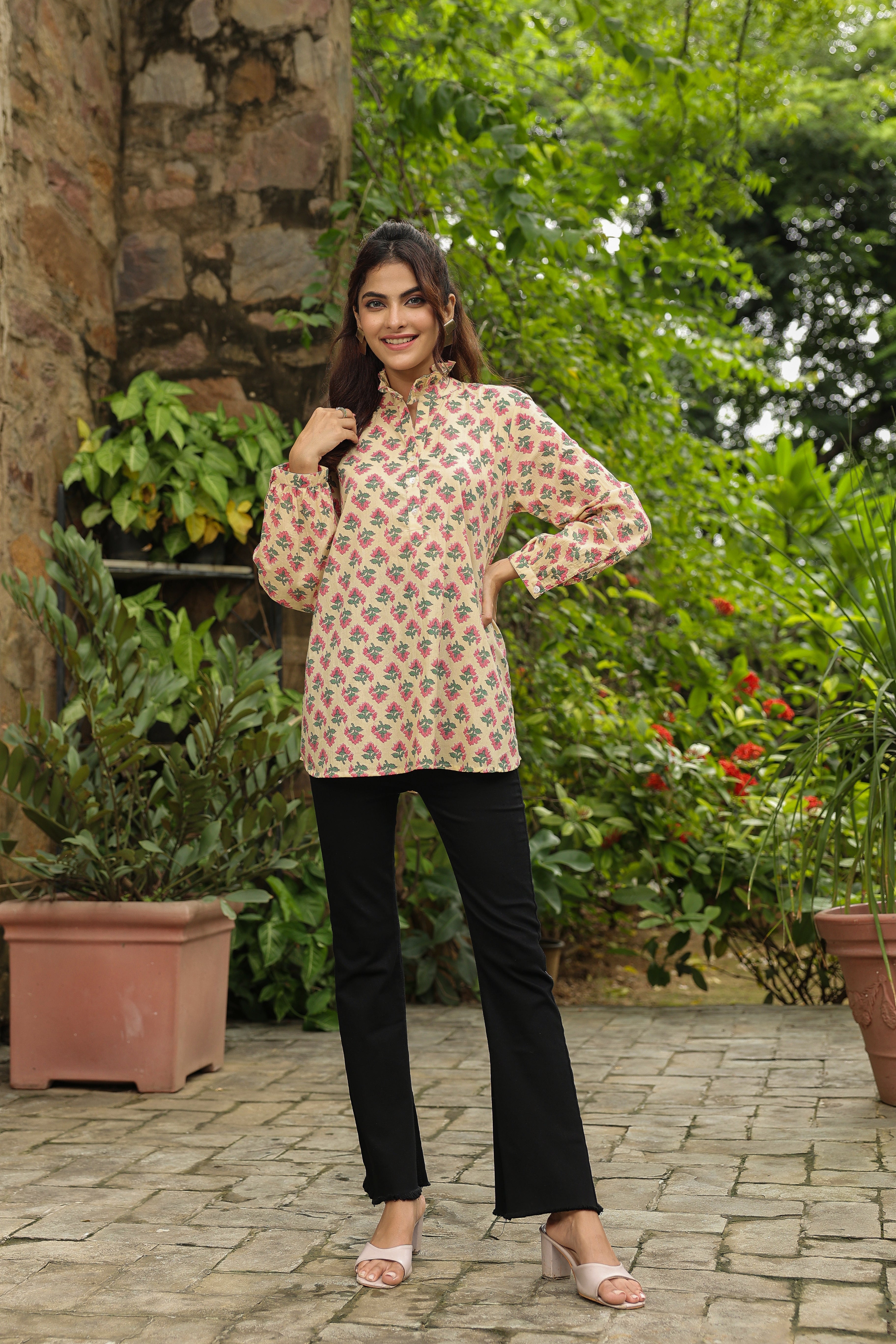 Cream Printed Peasant Shirt with Frill Details