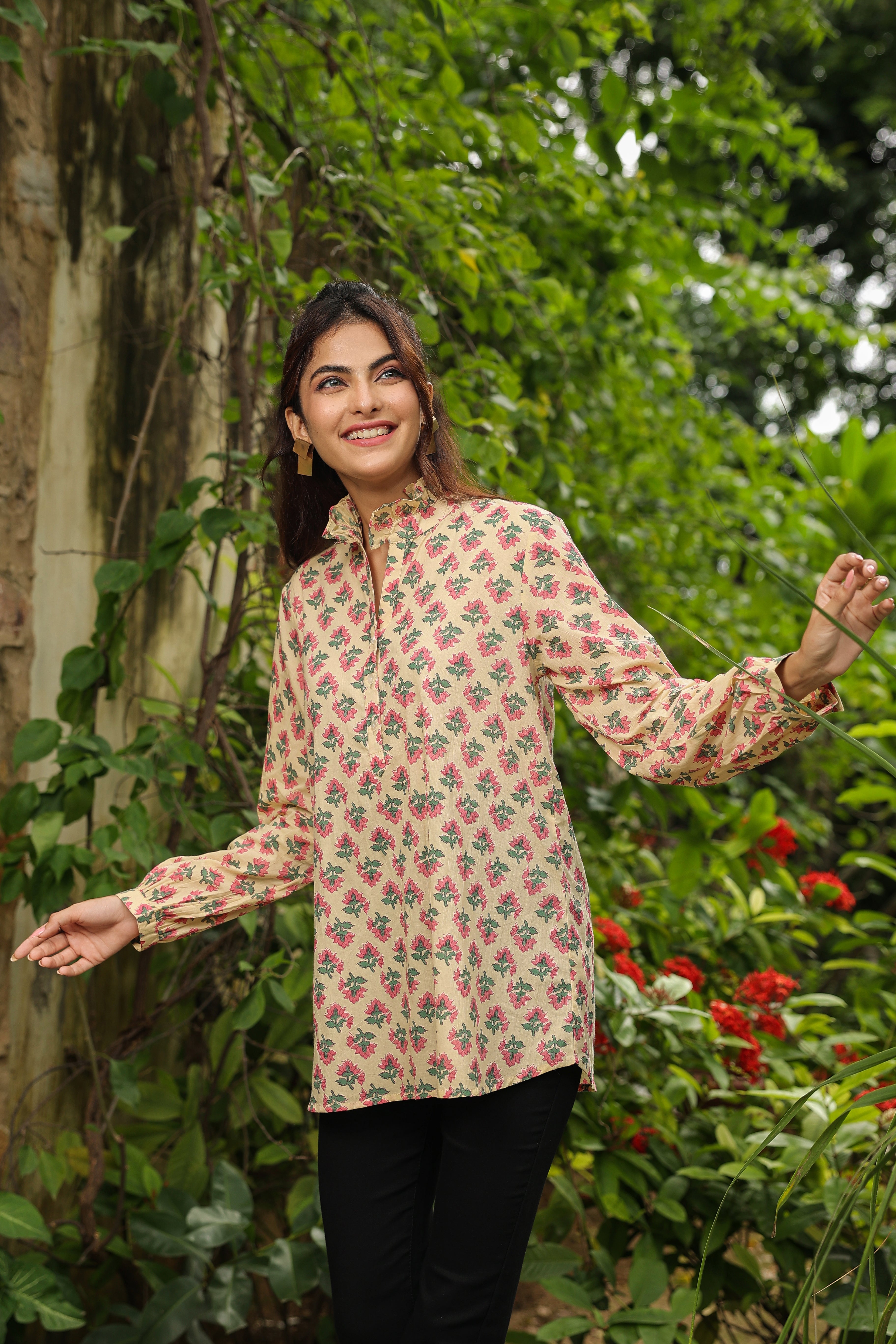 Cream Printed Peasant Shirt with Frill Details