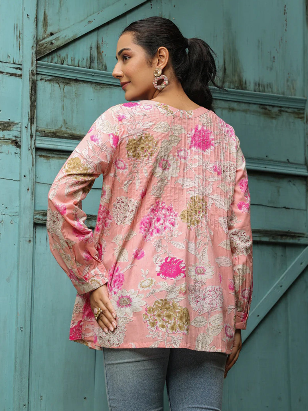 Pink Printed Pintucks Cotton Top