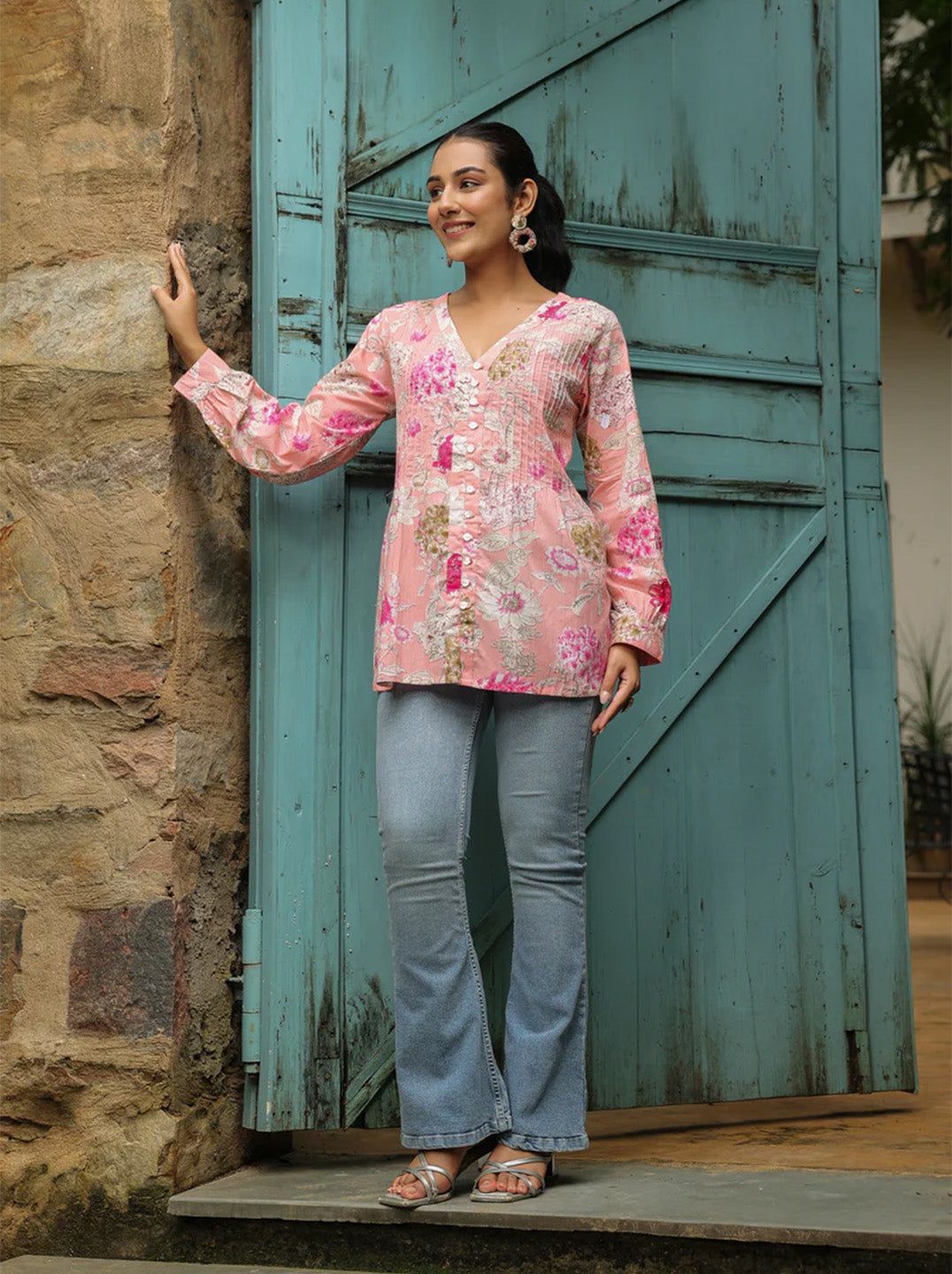 Pink Printed Pintucks Cotton Top