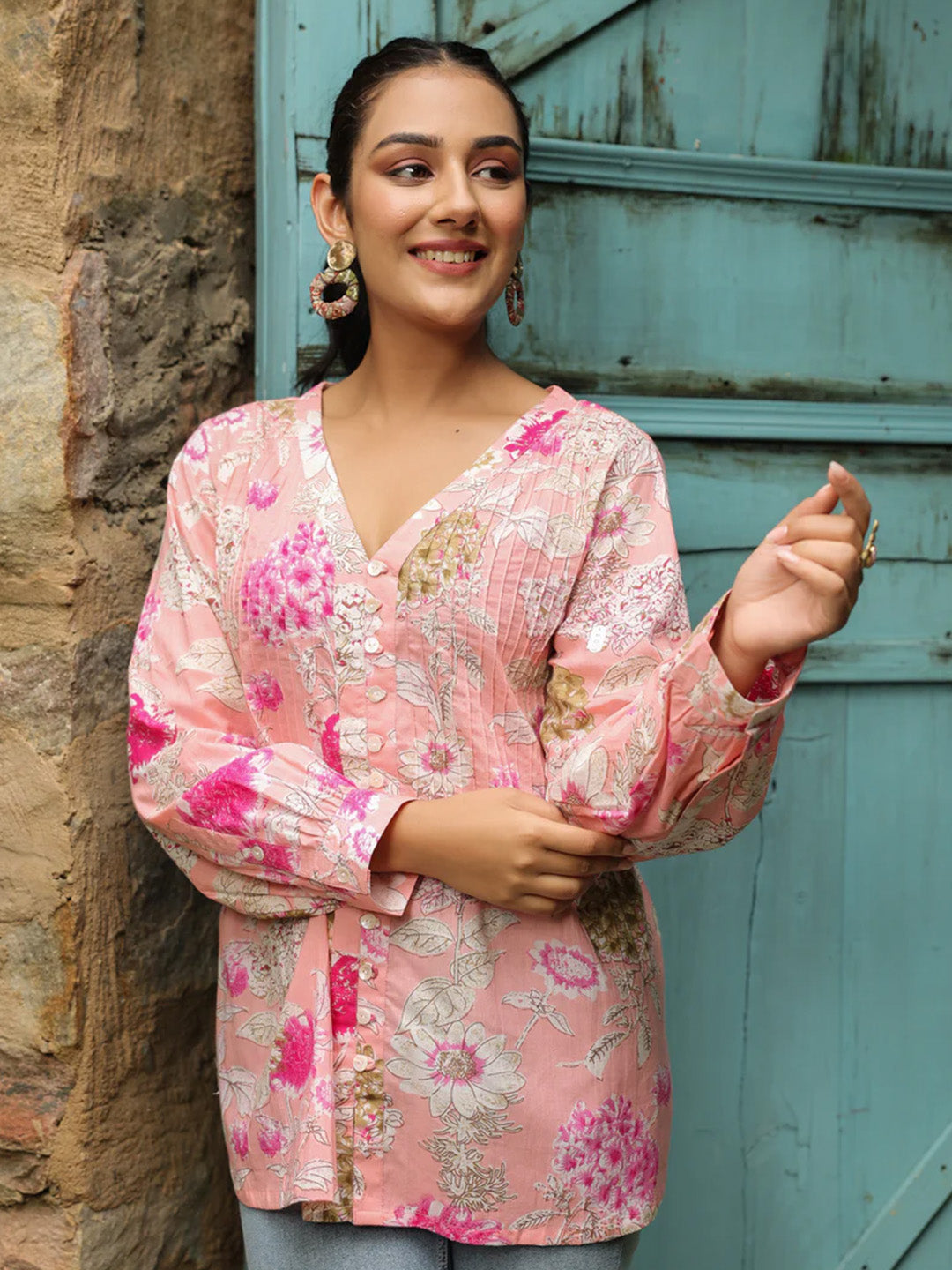 Pink Printed Pintucks Cotton Top