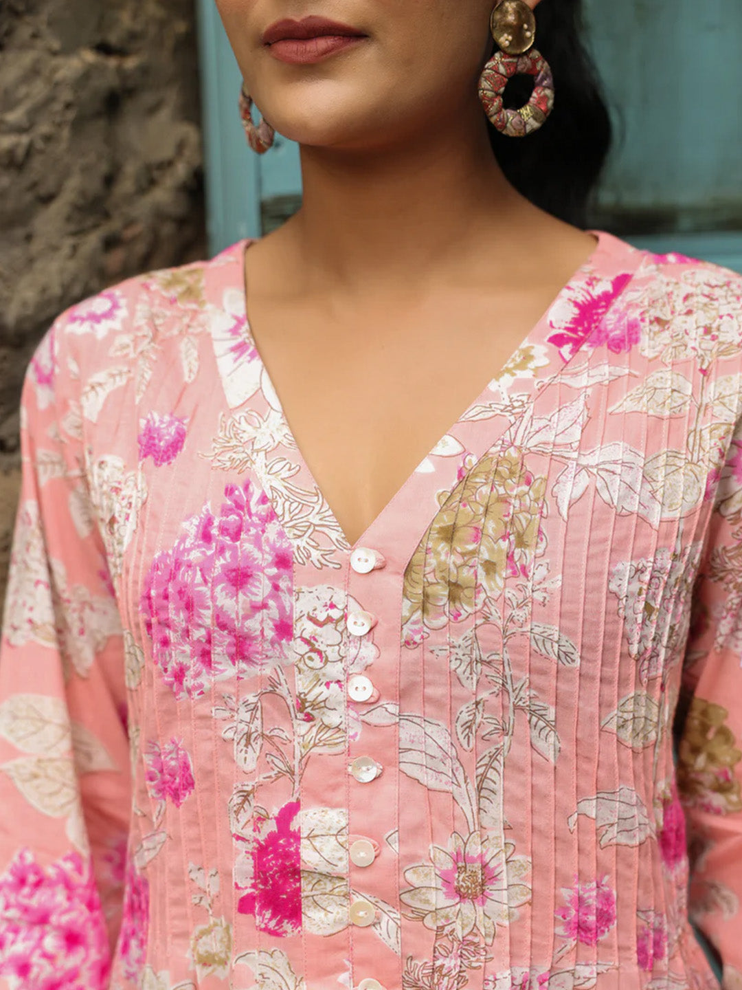 Pink Printed Pintucks Cotton Top