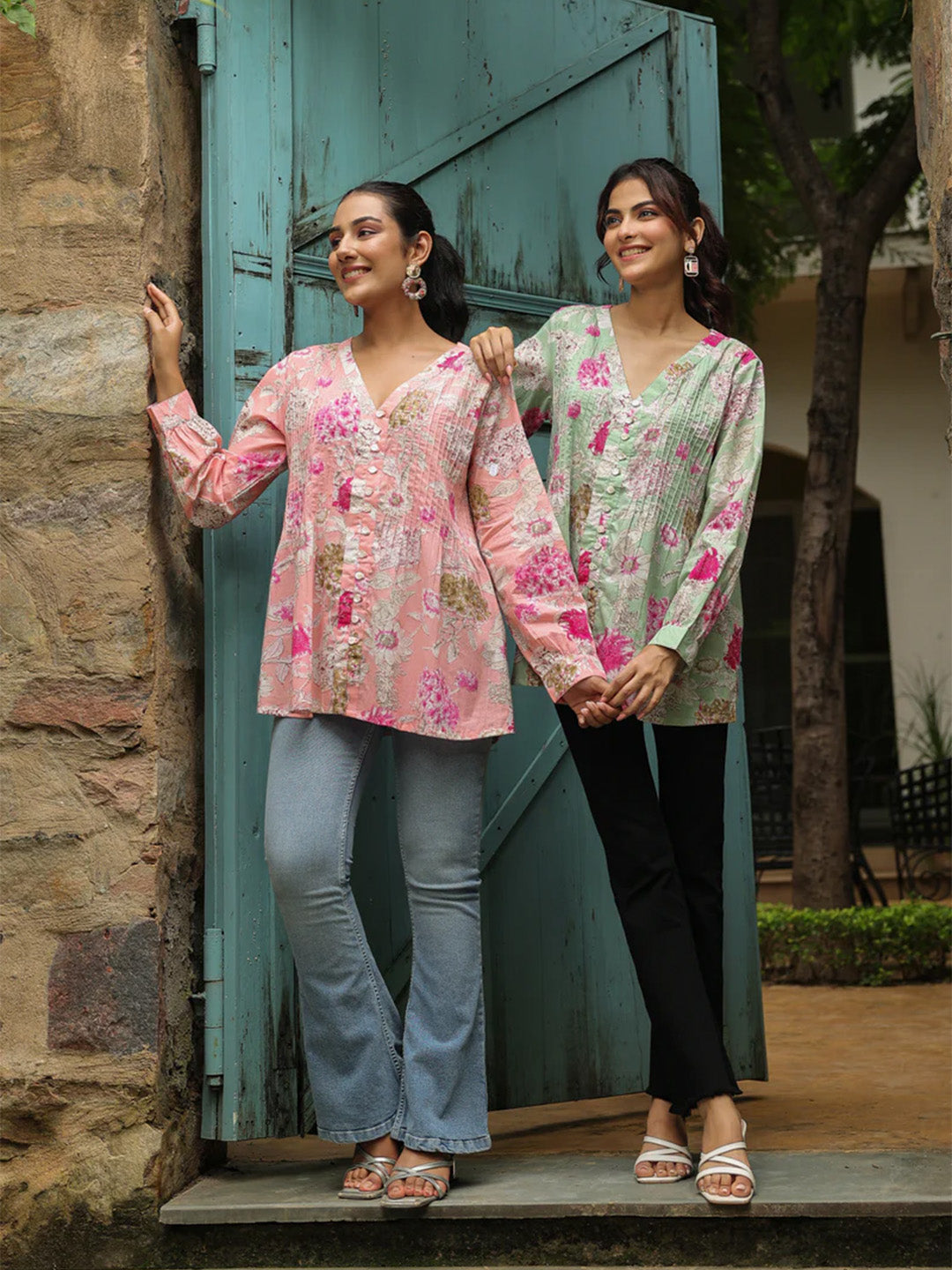 Pink Printed Pintucks Cotton Top