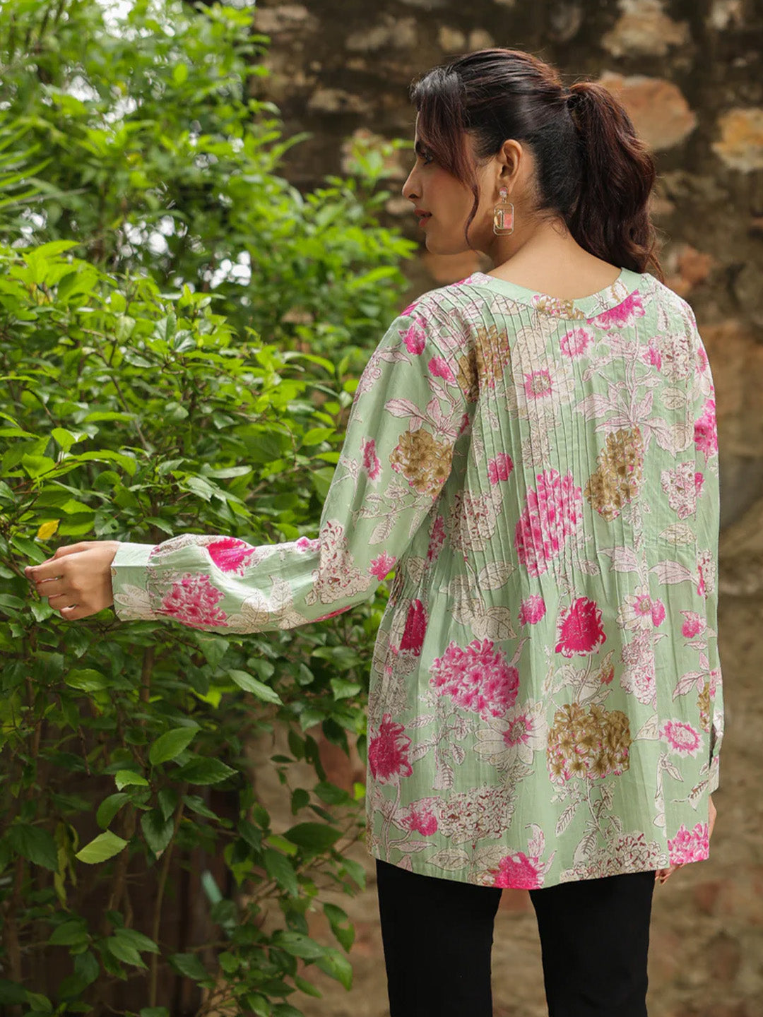 Green Printed Pintucks Top