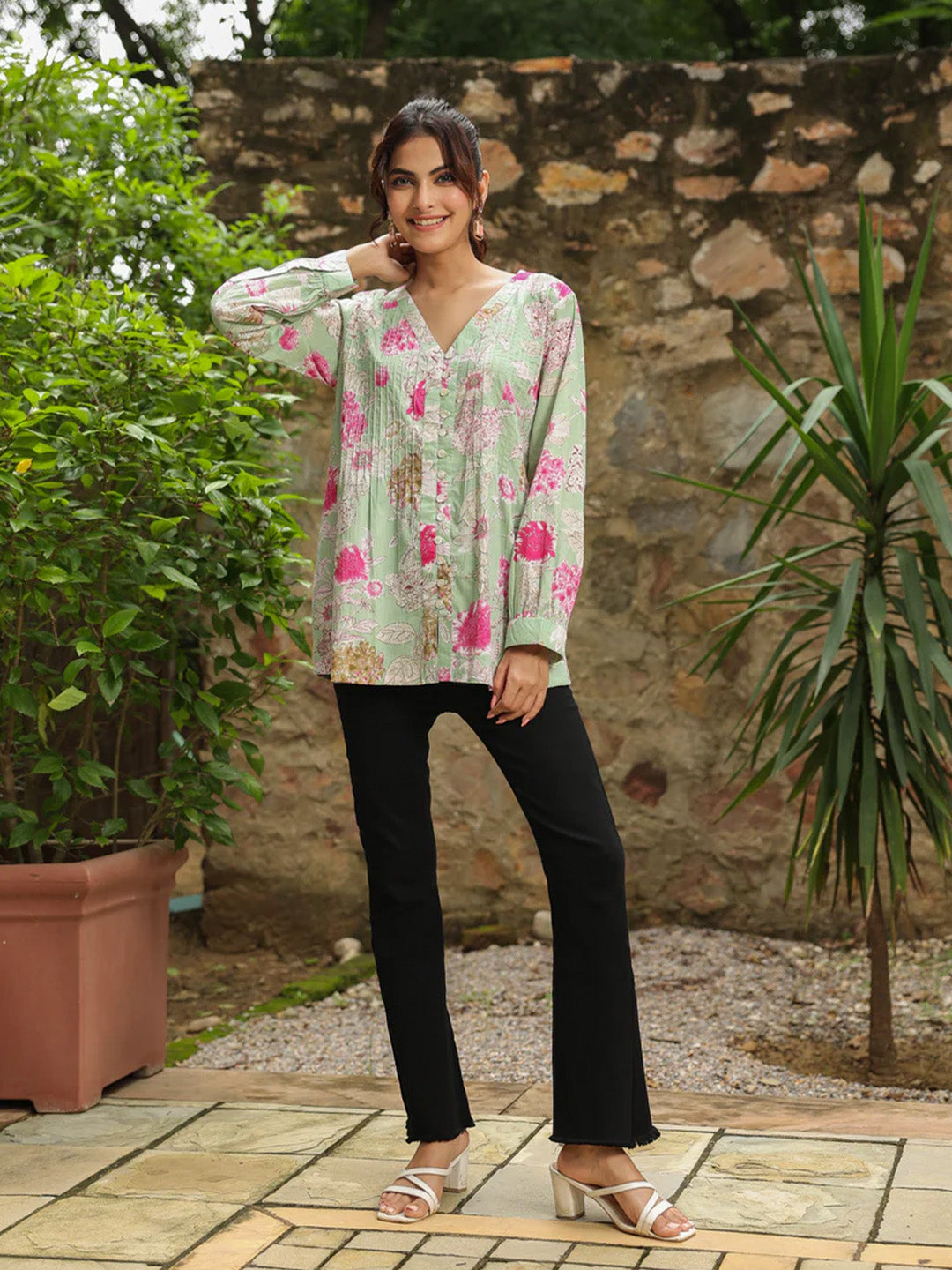 Green Printed Pintucks Top