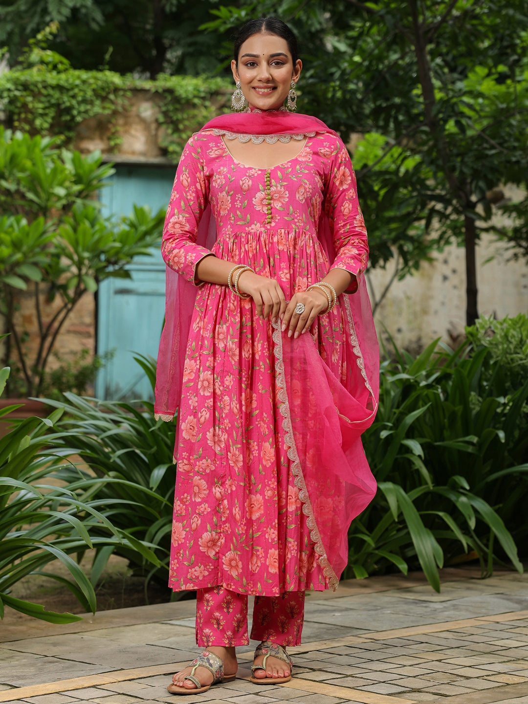 Pink Printed Anarkali Suit Set